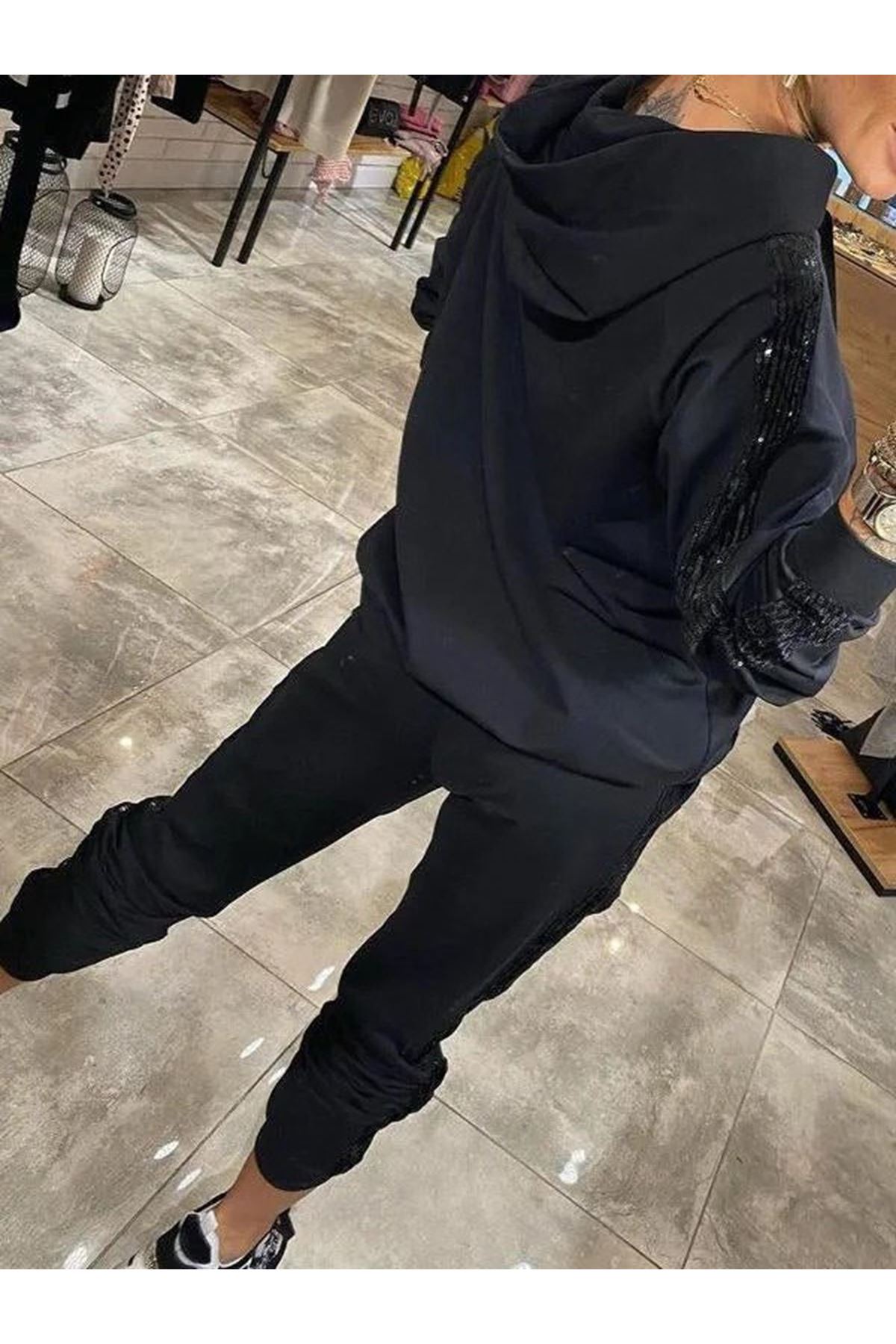 Kadın Uzun Kollu Kapşonlu Pulpayet Detay Viskon Iki Iplik Bluz Ve Pantolon Ikili Takım