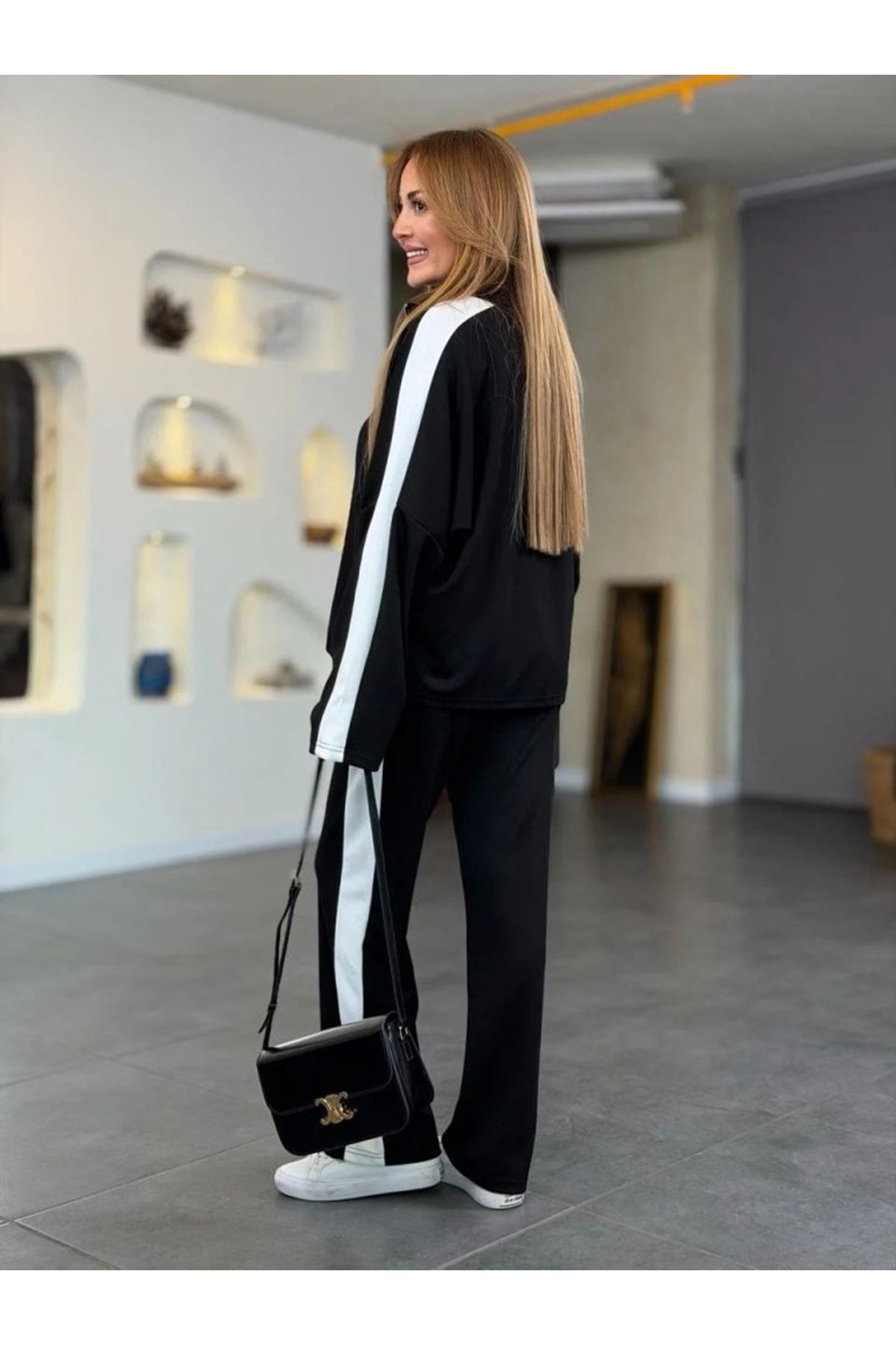 Kadın Uzun Kollu Yakadan Fermuarlı Viskon Iki Iplik Bluz Ve Pantolon Ikili Takım