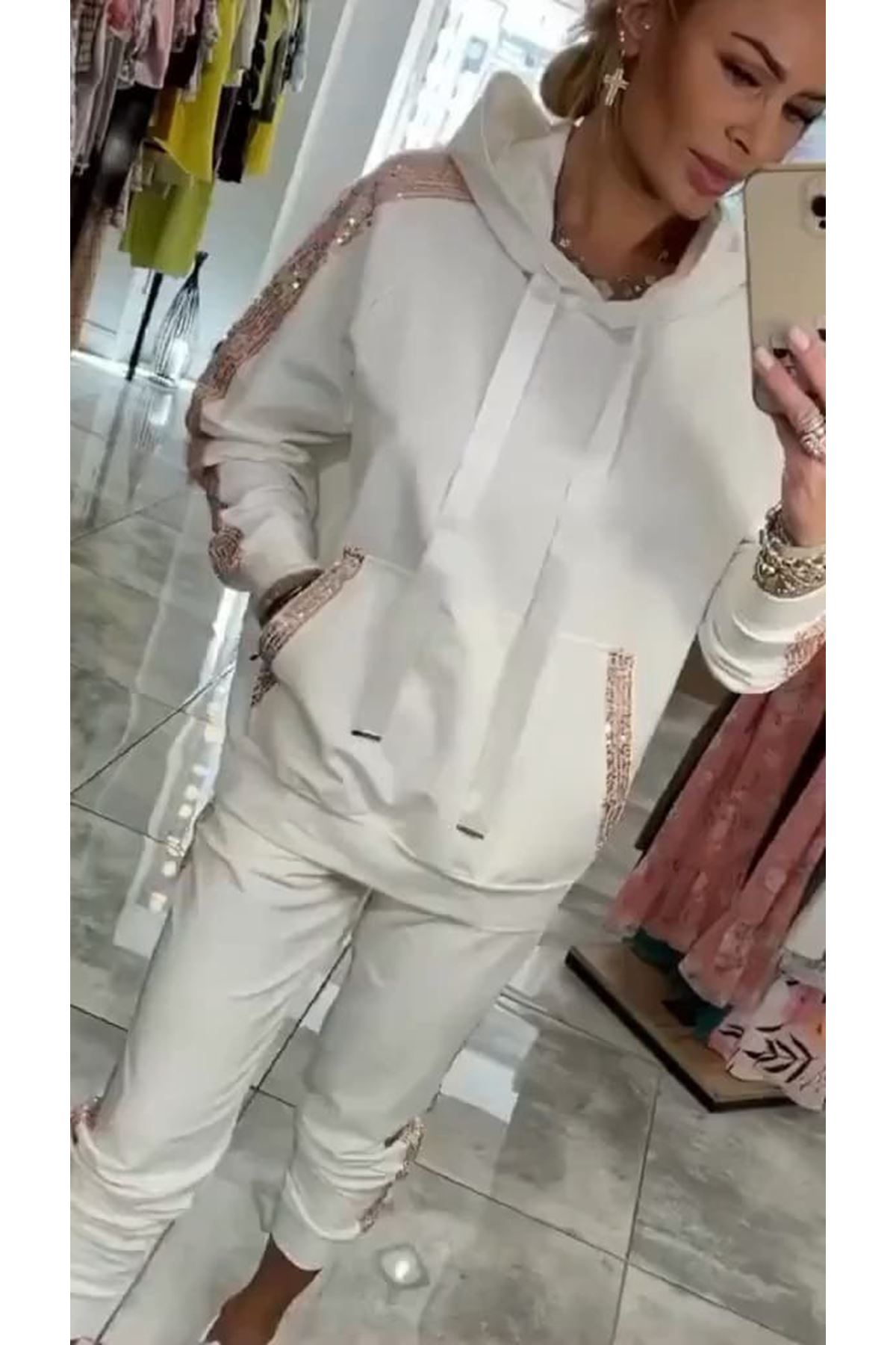 Kadın Uzun Kollu Kapşonlu Pulpayet Detay Viskon Iki Iplik Bluz Ve Pantolon Ikili Takım