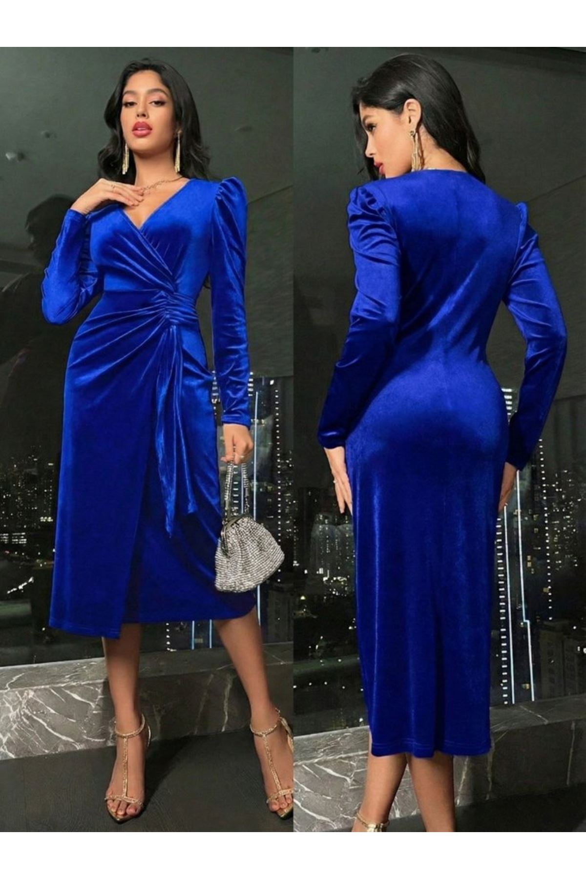 Kadın Uzun Kollu Kruvaze Yakalı Yandan Büzgülü Midi Kadife Elbise