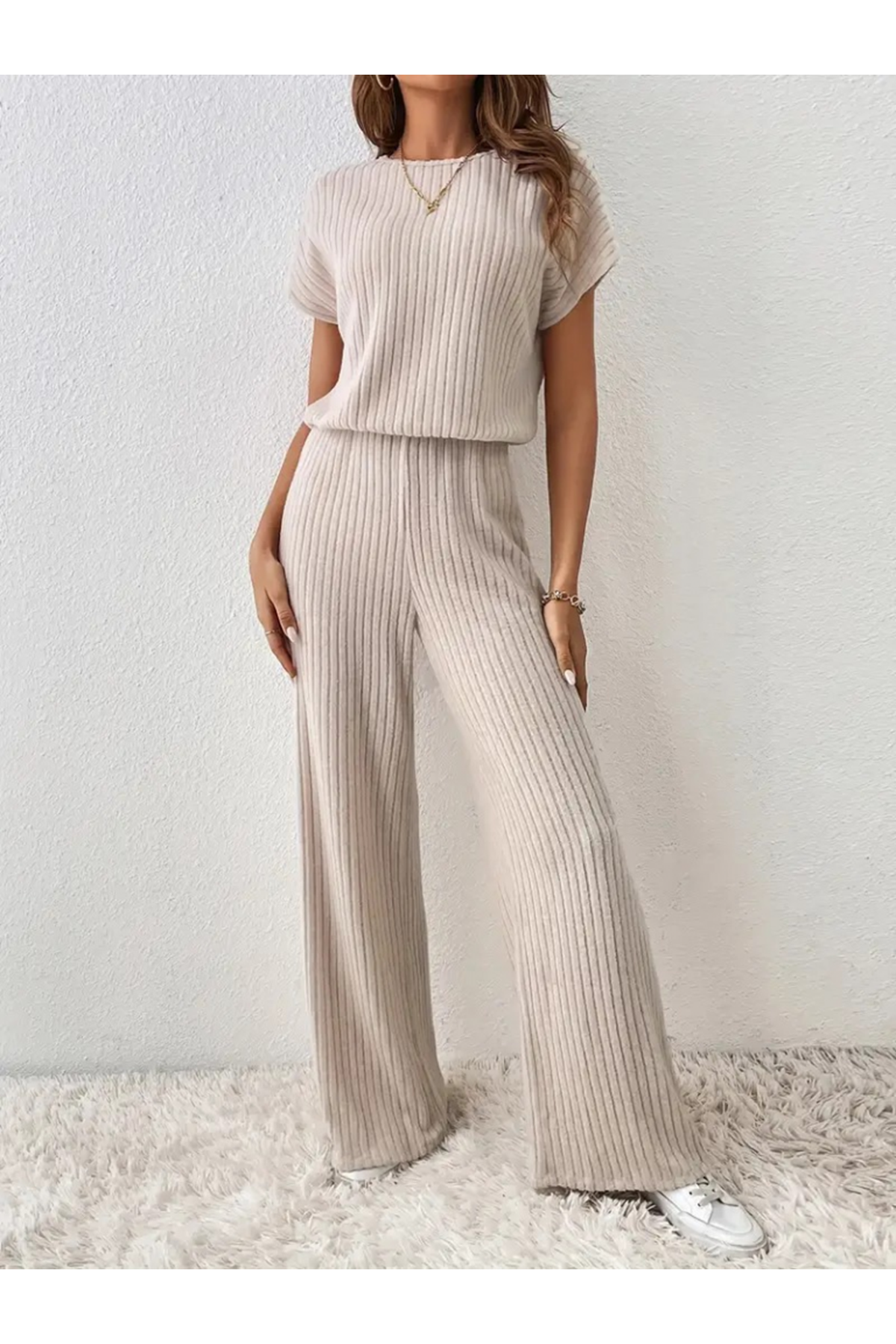 Kadın Kısa Kollu Beli Lastikli Kalın Fitilli Kaşkorse Salaş Tulum