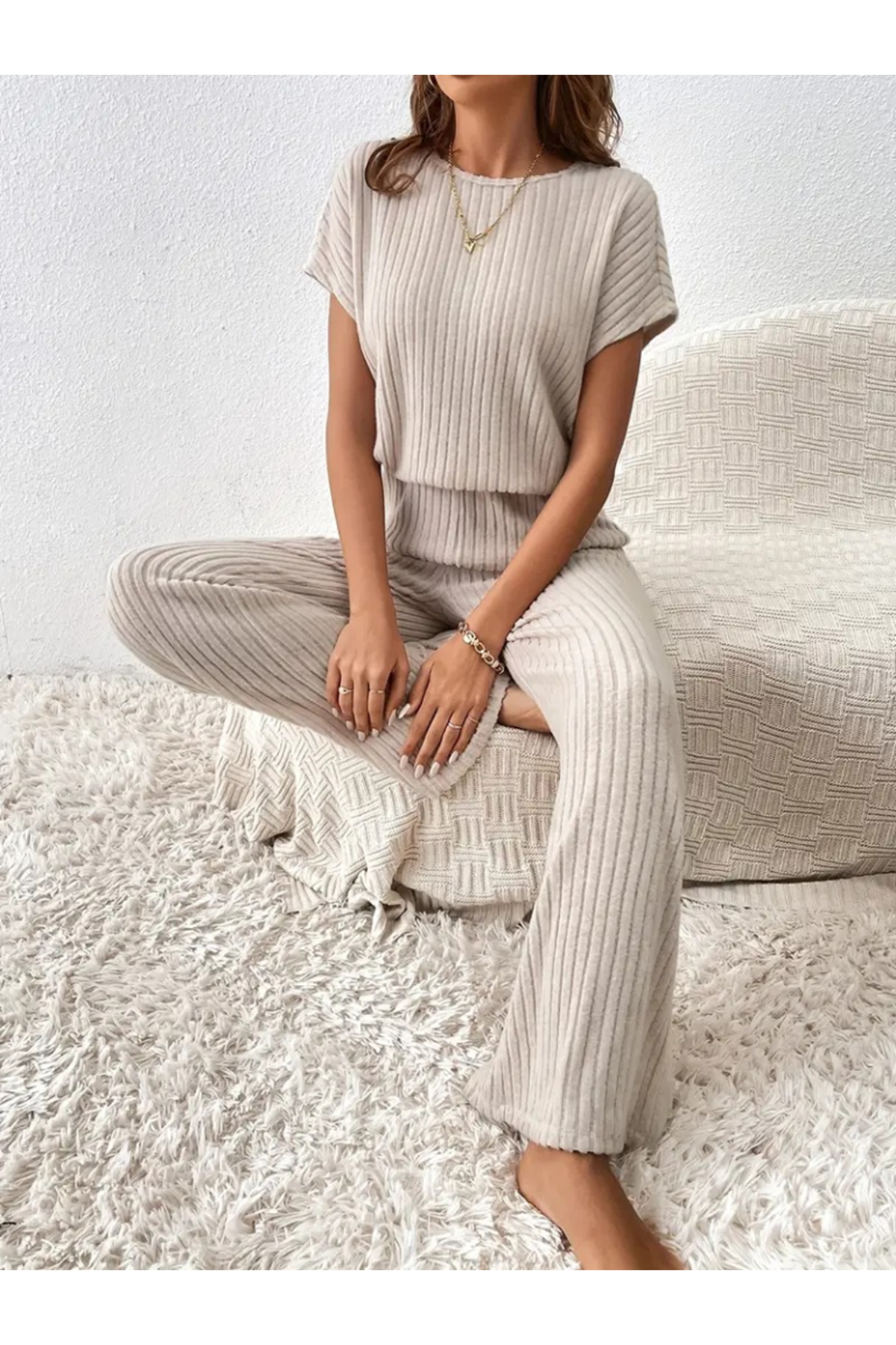 Kadın Kısa Kollu Beli Lastikli Kalın Fitilli Kaşkorse Salaş Tulum