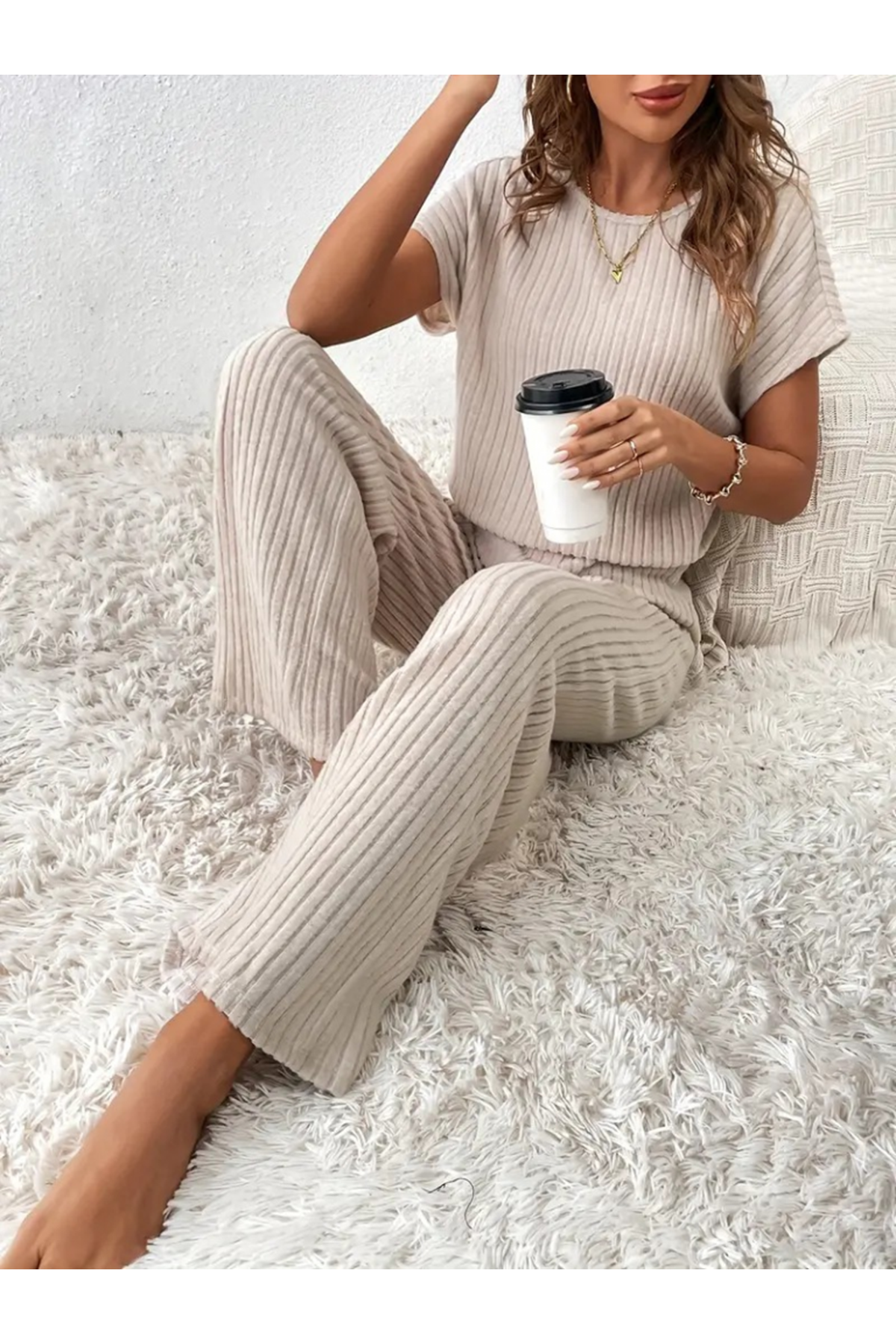 Kadın Kısa Kollu Beli Lastikli Kalın Fitilli Kaşkorse Salaş Tulum