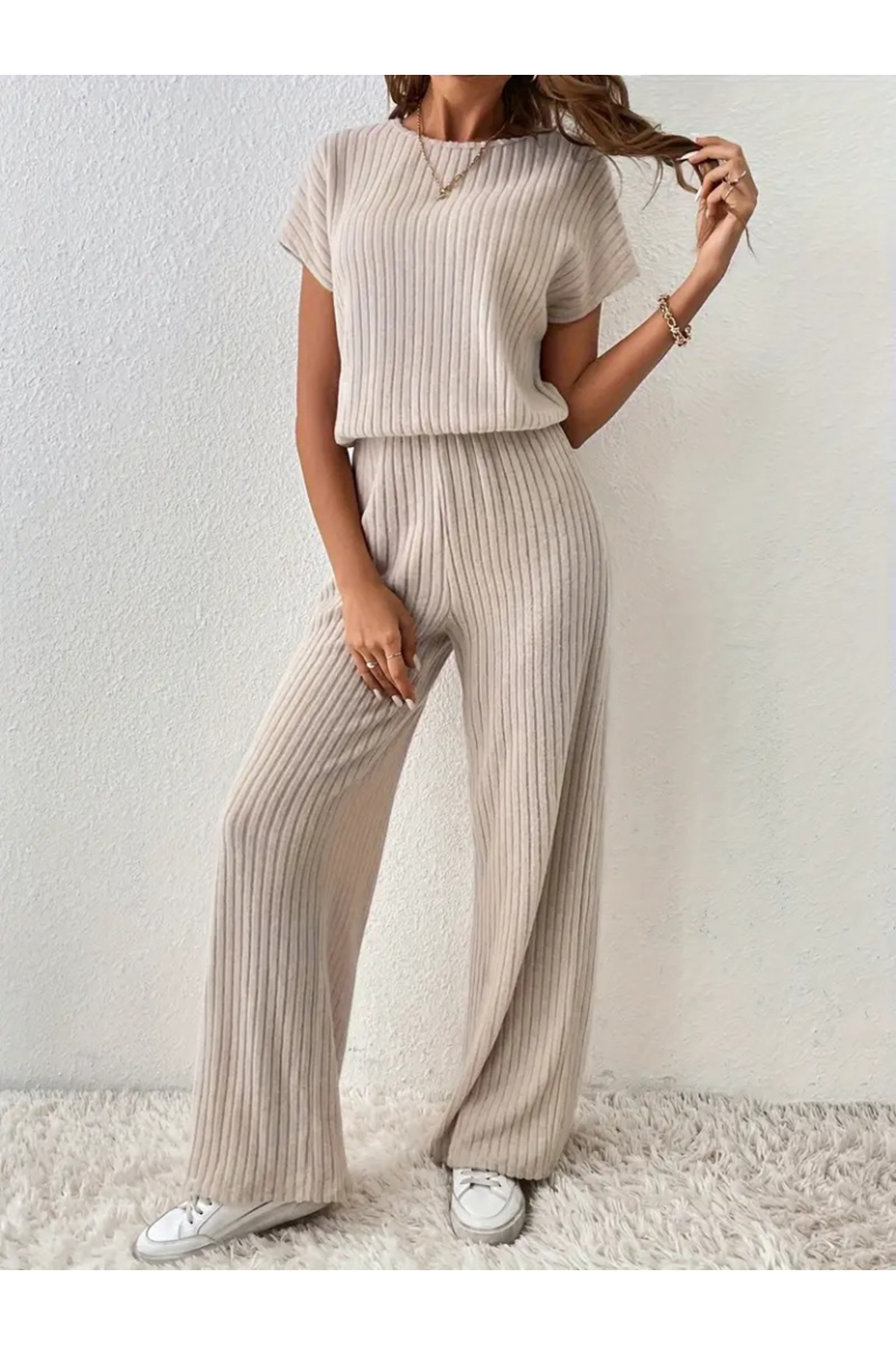 Kadın Kısa Kollu Beli Lastikli Kalın Fitilli Kaşkorse Salaş Tulum