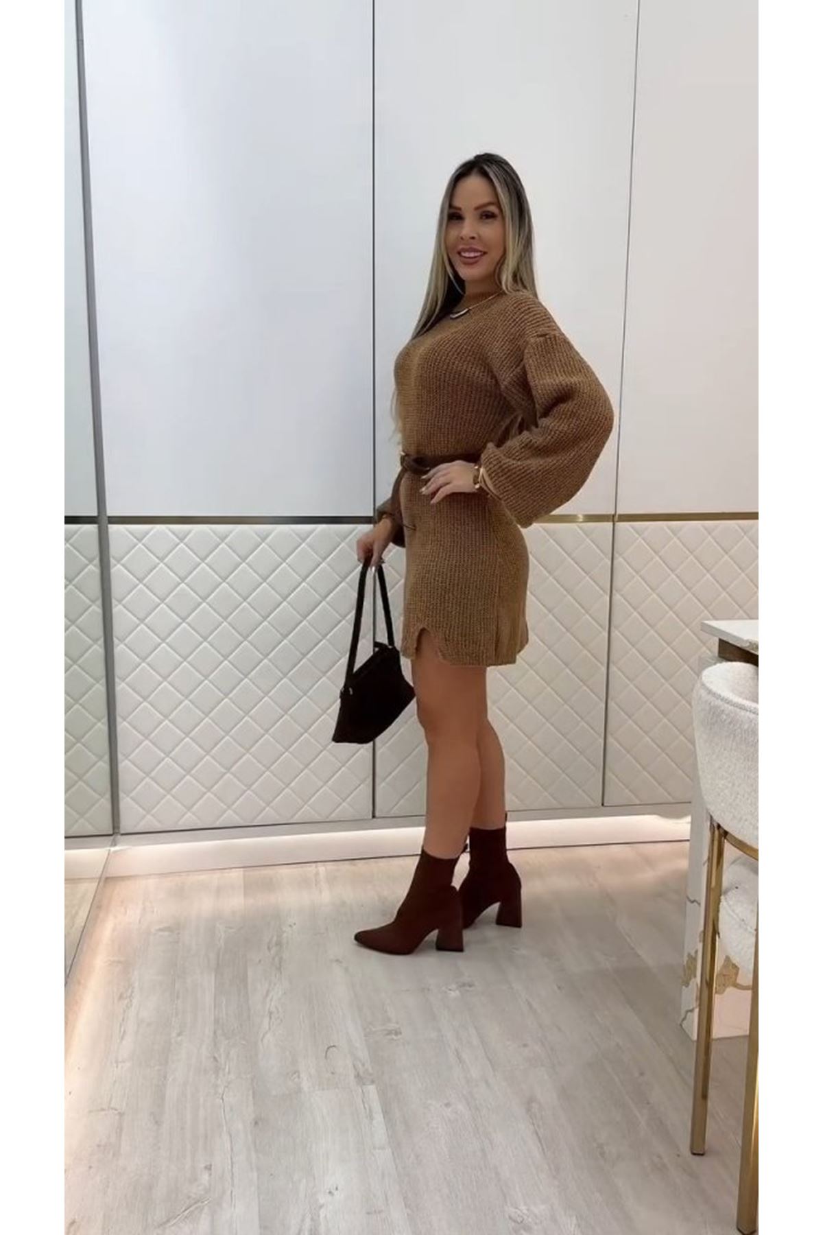 Kadın Uzun Kollu Yuvarlak Yakalı Kısa Triko Elbise