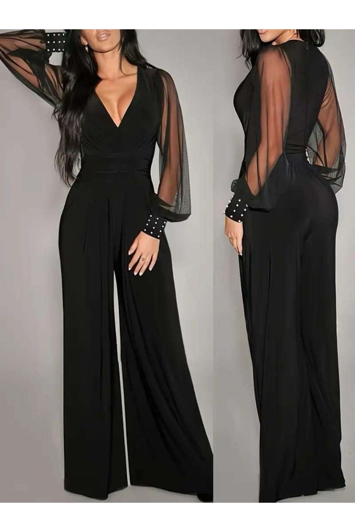 Kadın Uzun Kollu Kruvaze Yakalı Kolları Tüllü Viskon Tulum