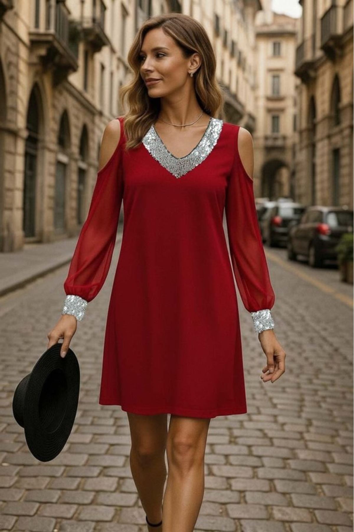 Kadın Uzun Kollu Kollar Tül V Yakalı Mini Janjan Krep Elbise