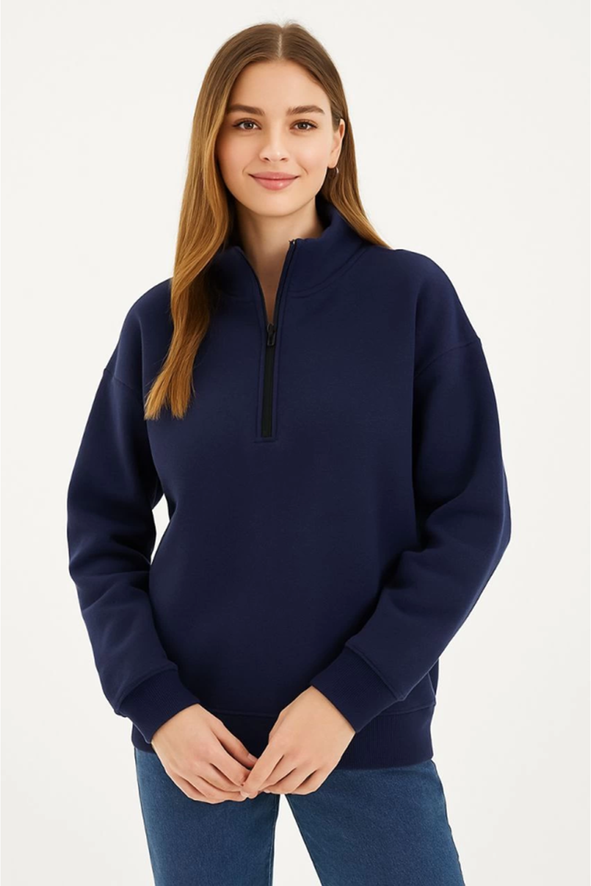 Üç İplik Dık Yaka Yarım Fermuarlı SweatShirt - Lacivert