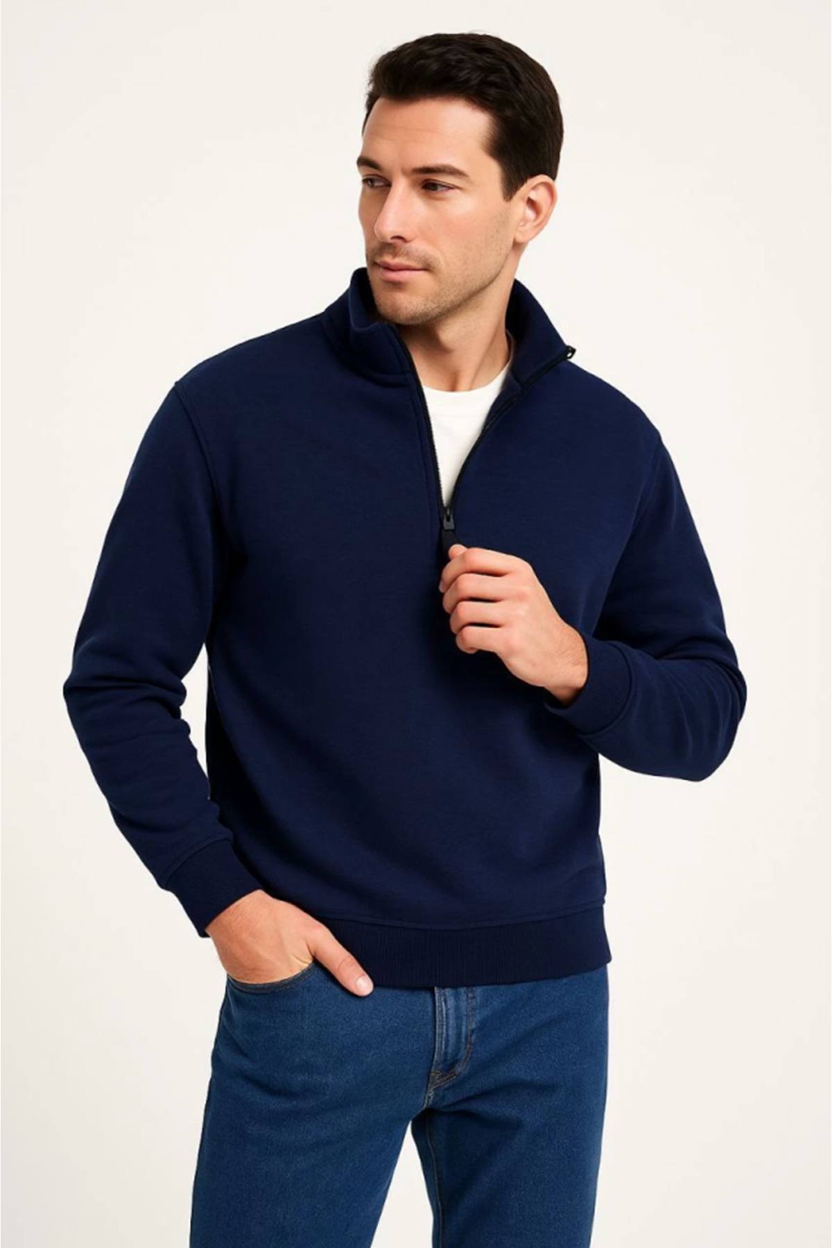 Erkek Dik Yaka Sweatshirt Dik Yaka Yarım Fermuarlı 3 İplik Şardonlu Pamuk Kumaş - Lacivert