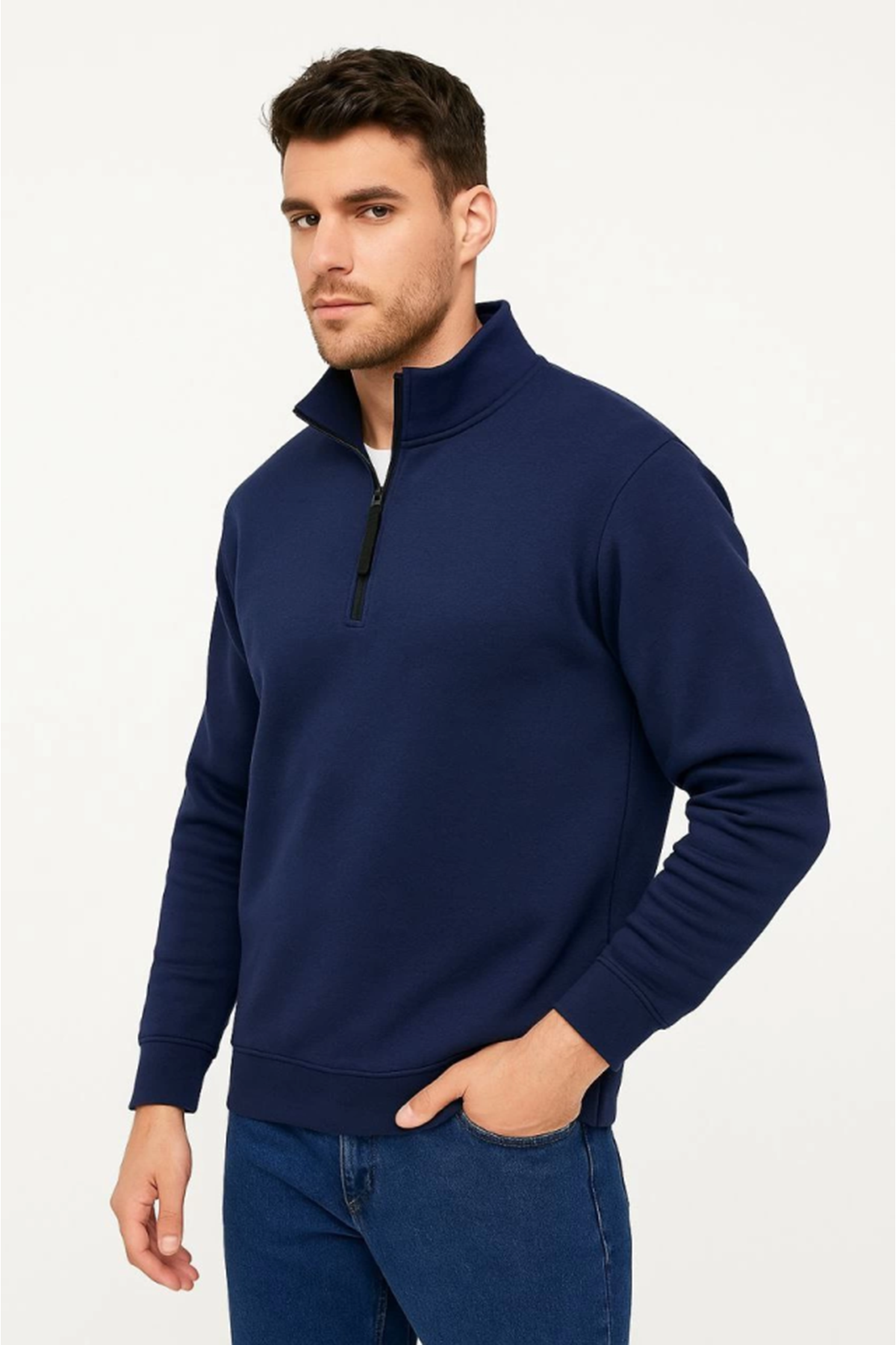 Erkek Dik Yaka Sweatshirt Dik Yaka Yarım Fermuarlı 3 İplik Şardonlu Pamuk Kumaş - Lacivert
