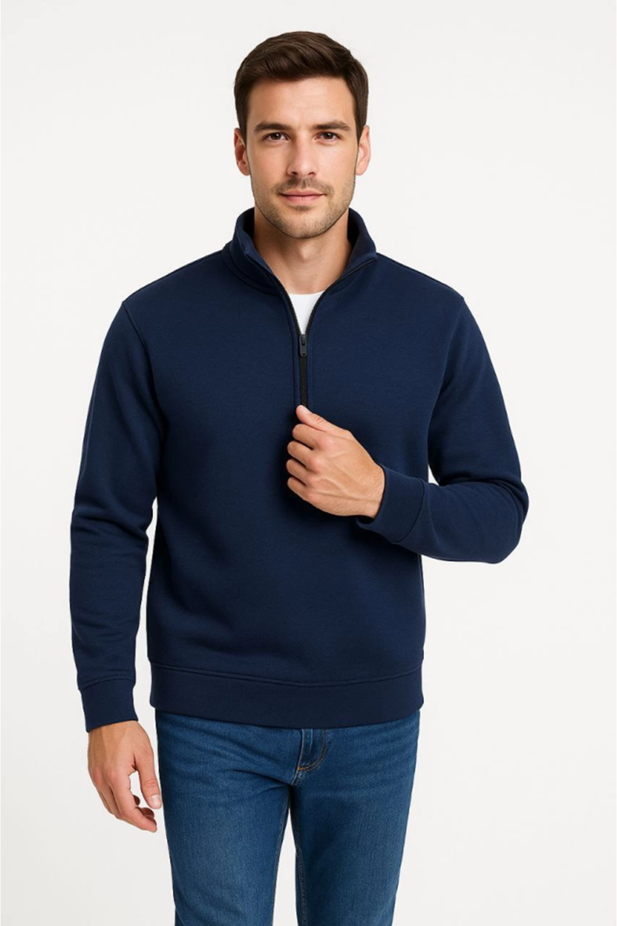 Erkek Dik Yaka Sweatshirt Dik Yaka Yarım Fermuarlı 3 İplik Şardonlu Pamuk Kumaş - Lacivert