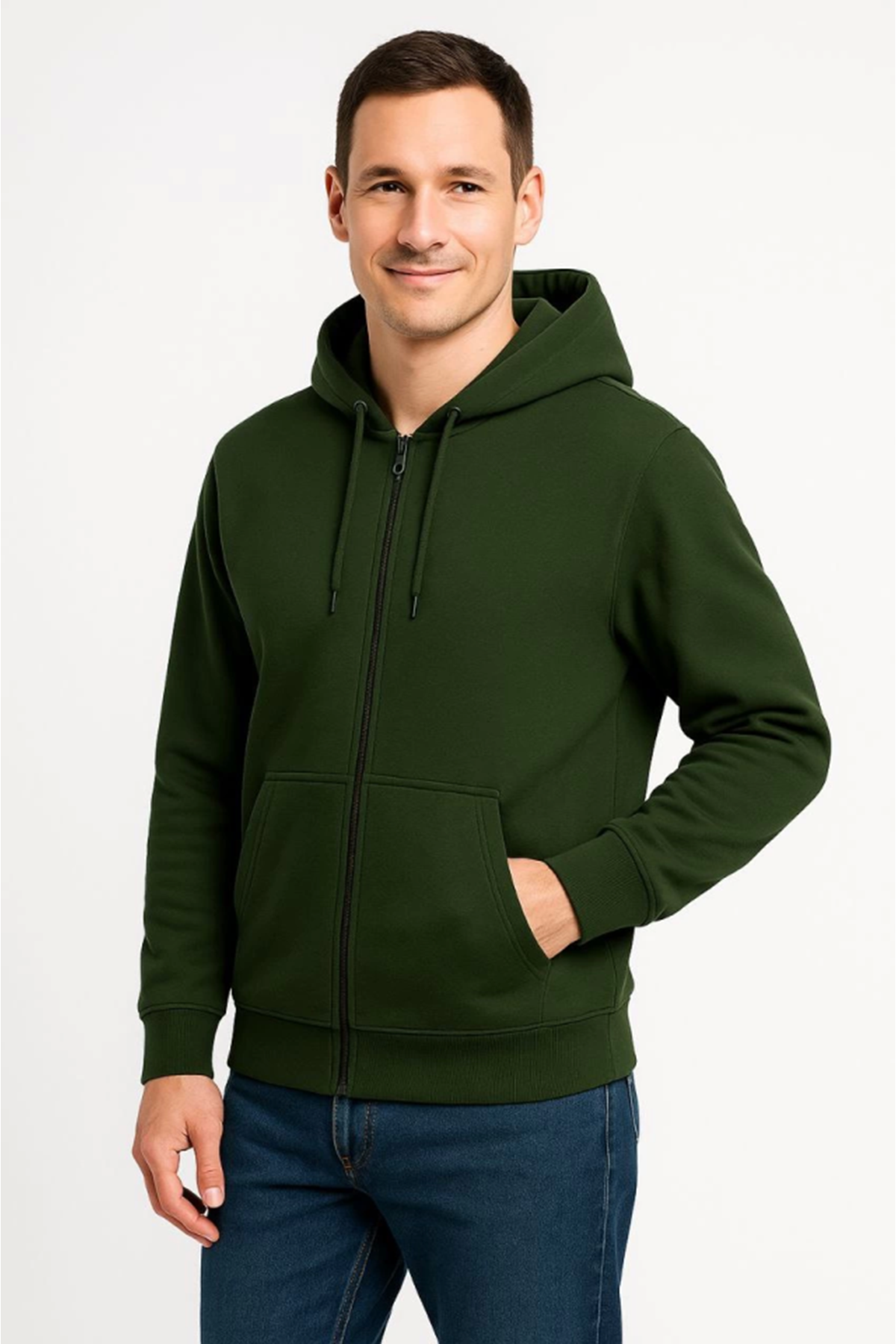 Erkek Üç İplik Kapüşonlu Tam Fermuarlı Kanguru Çepli SweatShirt Hoodie - Haki