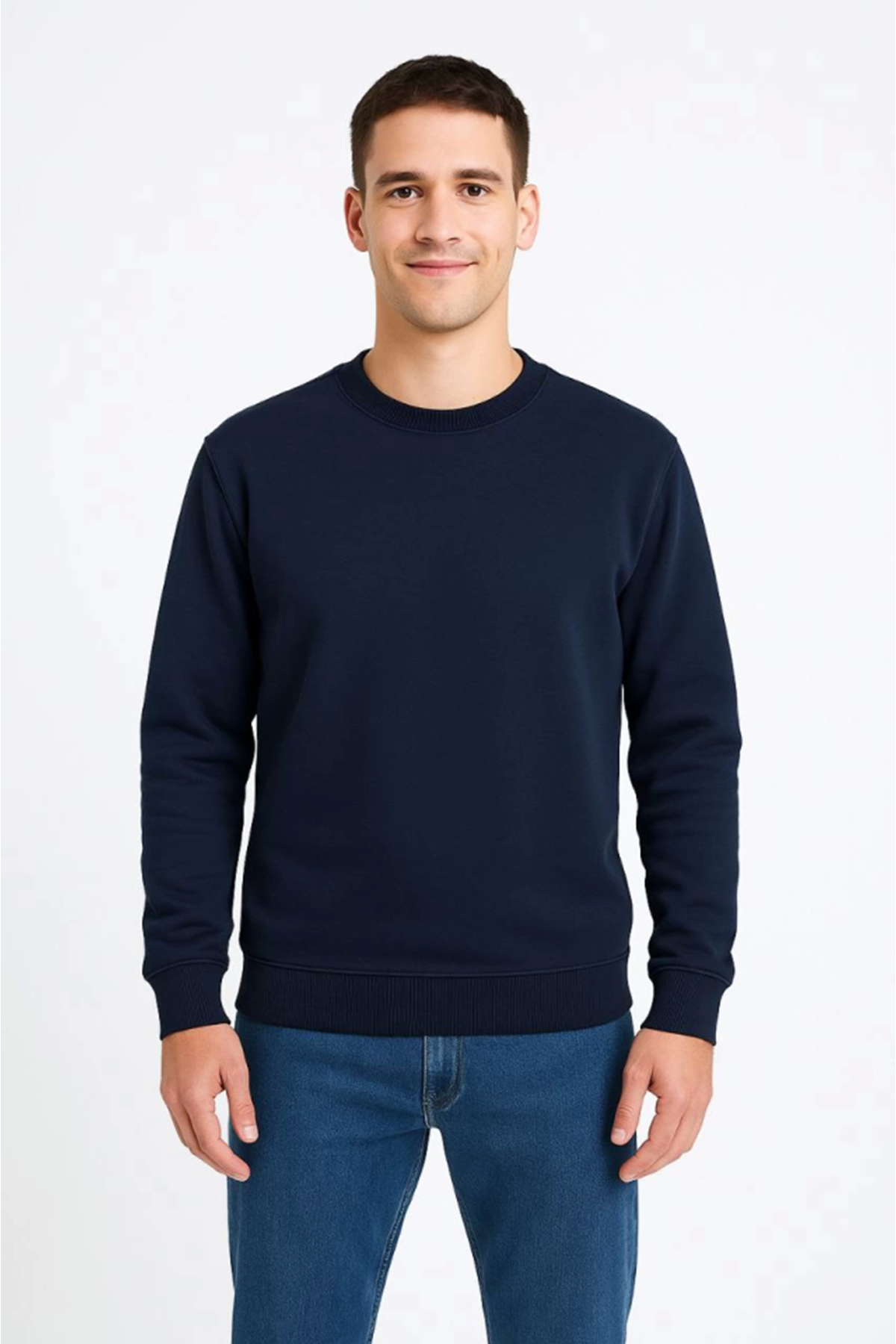 Erkek Üç İplik Düz Bisiklet Yaka SweatShirt - Lacivert