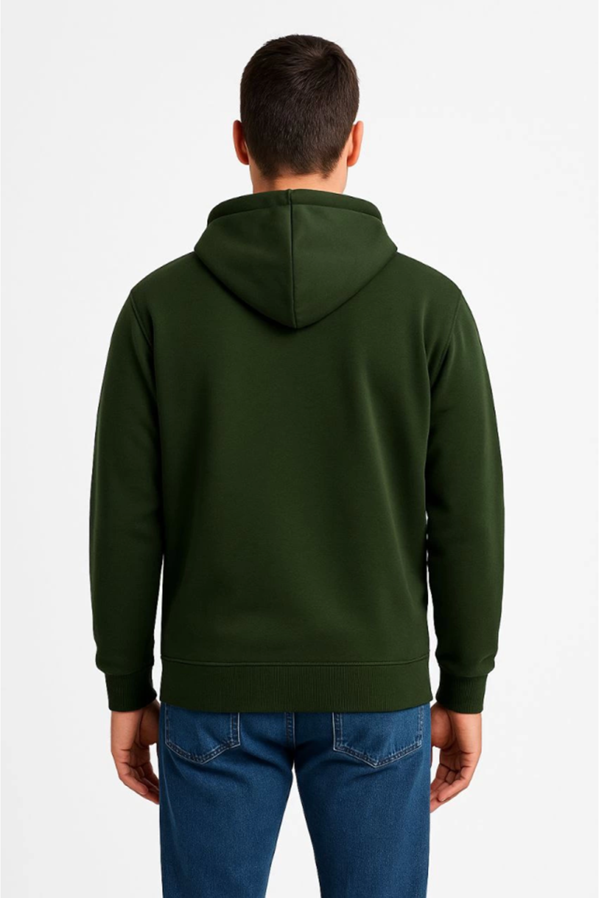 Erkek Üç İplik Kapüşonlu Tam Fermuarlı Kanguru Çepli SweatShirt Hoodie - Haki