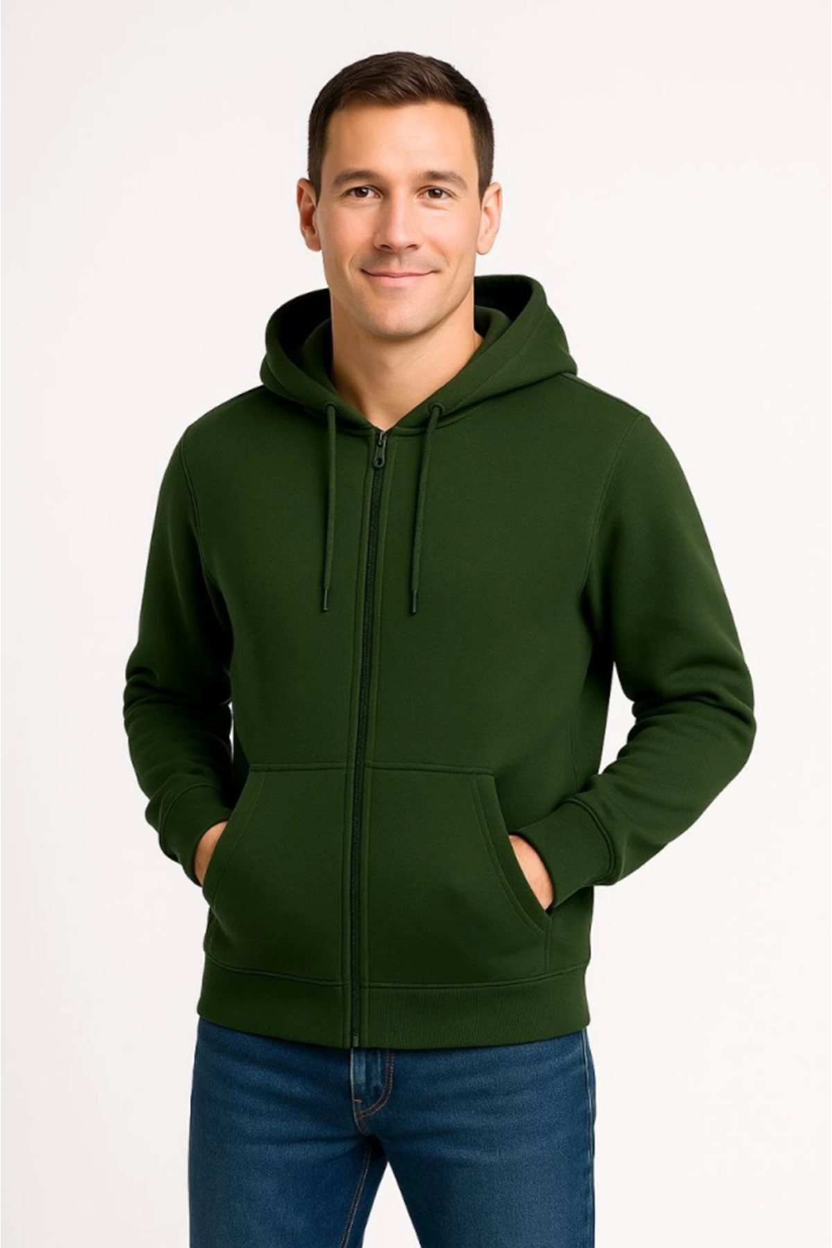 Erkek Üç İplik Kapüşonlu Tam Fermuarlı Kanguru Çepli SweatShirt Hoodie - Haki