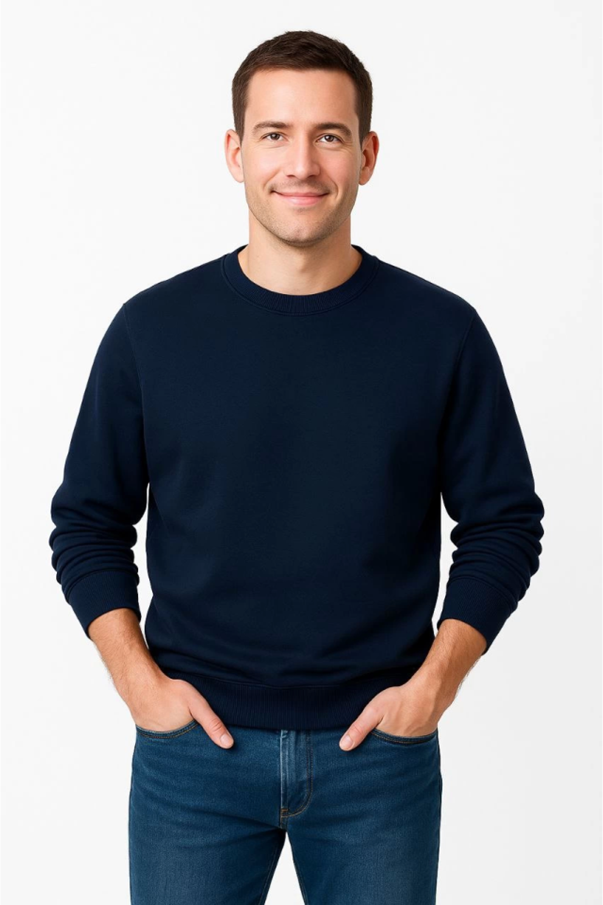 Erkek Üç İplik Düz Bisiklet Yaka SweatShirt - Lacivert