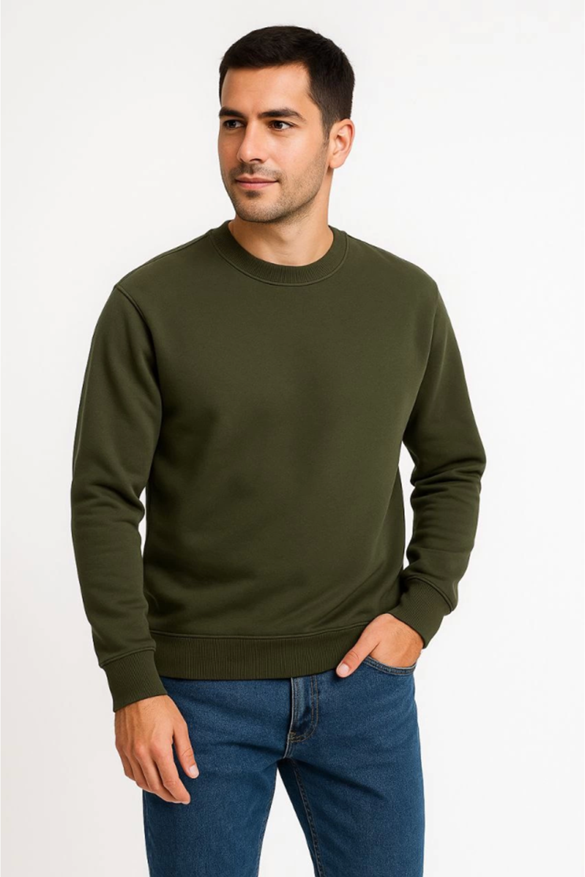 Erkek Üç İplik Düz Bisiklet Yaka SweatShirt - Haki