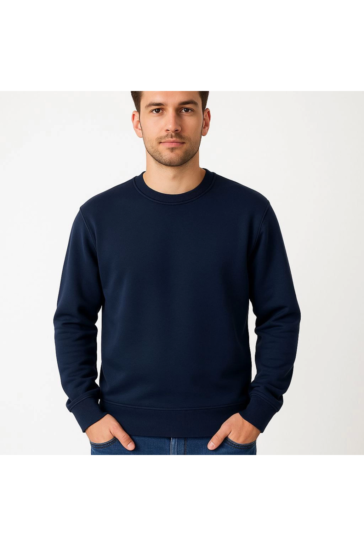 Erkek Üç İplik Düz Bisiklet Yaka SweatShirt - Lacivert