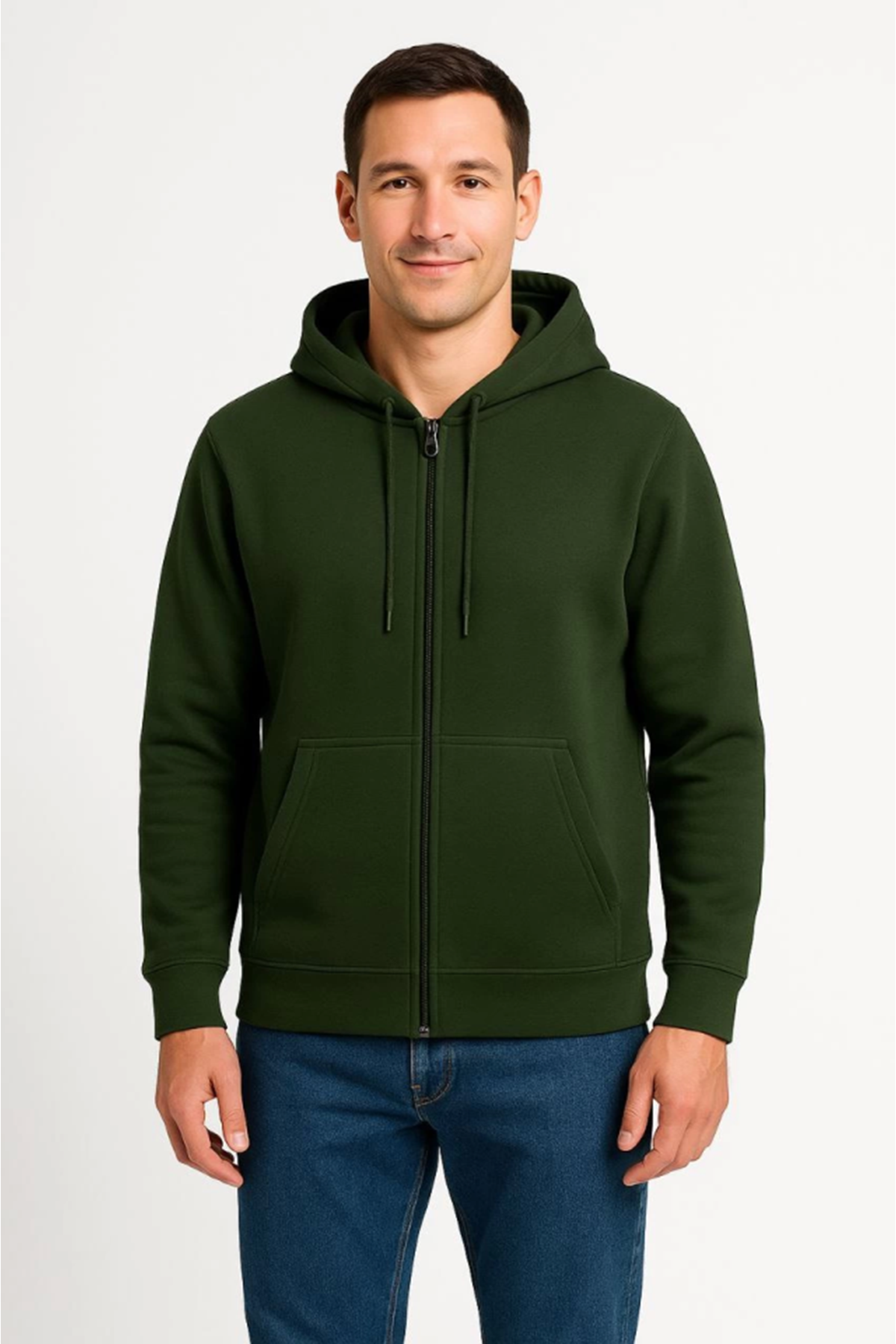 Erkek Üç İplik Kapüşonlu Tam Fermuarlı Kanguru Çepli SweatShirt Hoodie - Haki