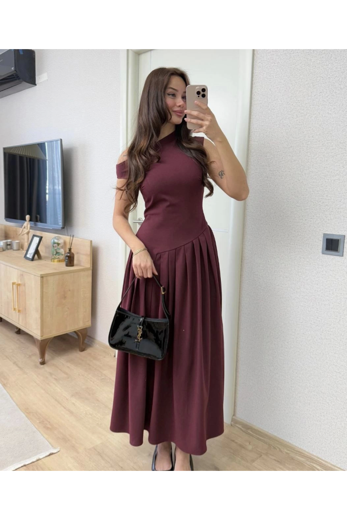 Asimetrik Düşük Yaka Kolsuz Uzun Elbise - Bordo