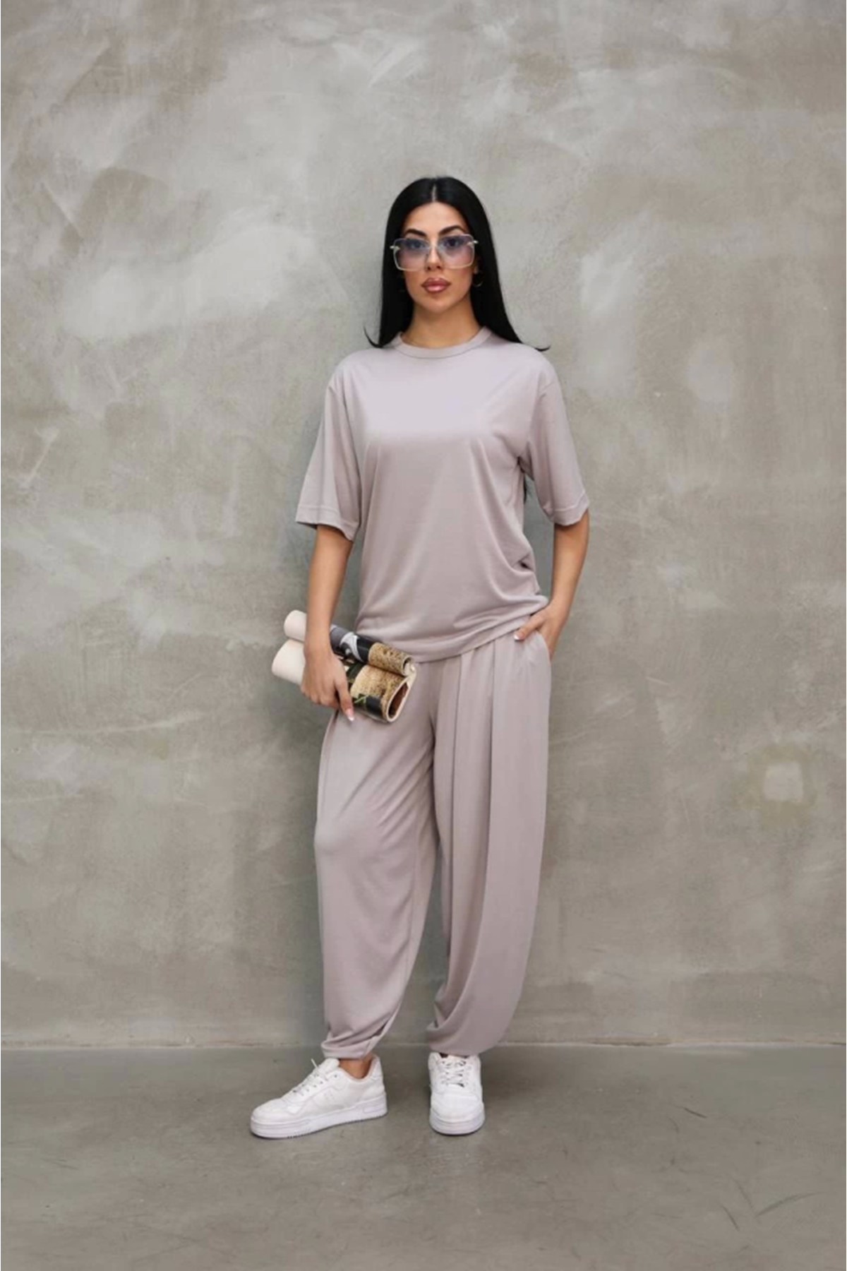 Osy Modal Yumuşak Dokulu Kumaş Oversize Bisiklet Yaka T-shirt Jogger Eşofman Altı Eşofman Takımı - Gri