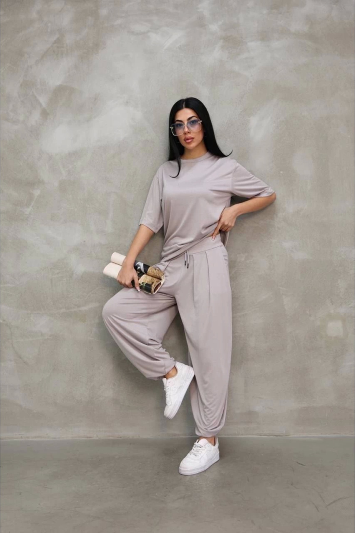 Osy Modal Yumuşak Dokulu Kumaş Oversize Bisiklet Yaka T-shirt Jogger Eşofman Altı Eşofman Takımı - Gri