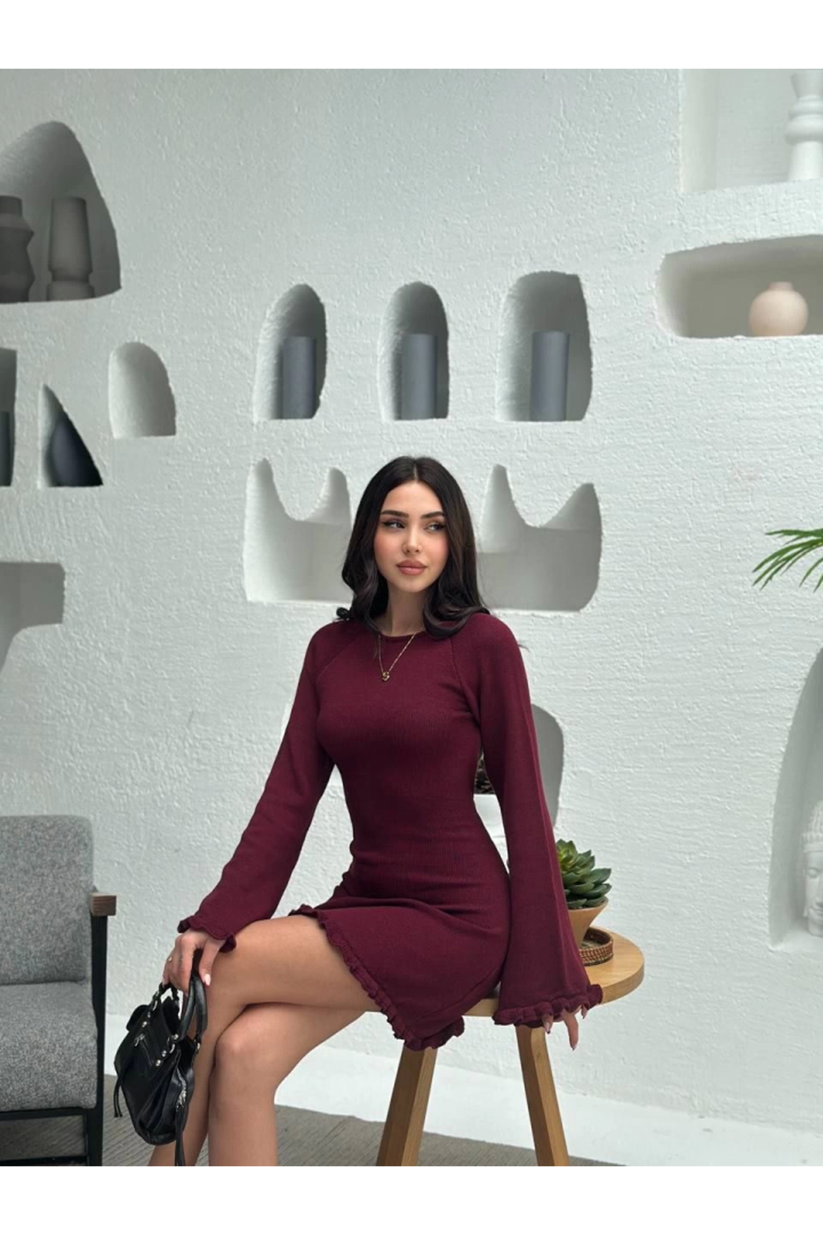 Sırt Pencereli Mini Triko Elbise - Bordo