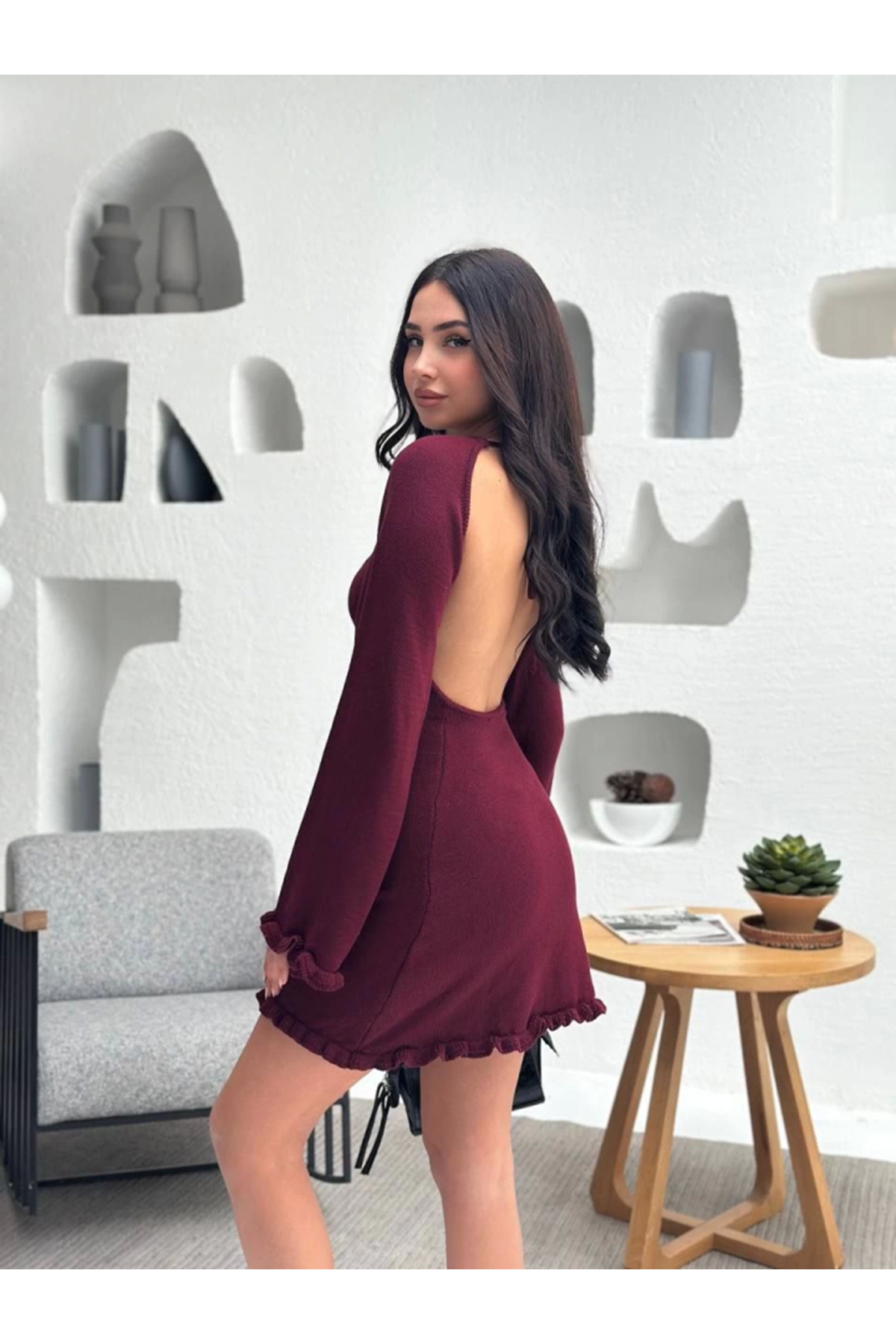 Sırt Pencereli Mini Triko Elbise - Bordo