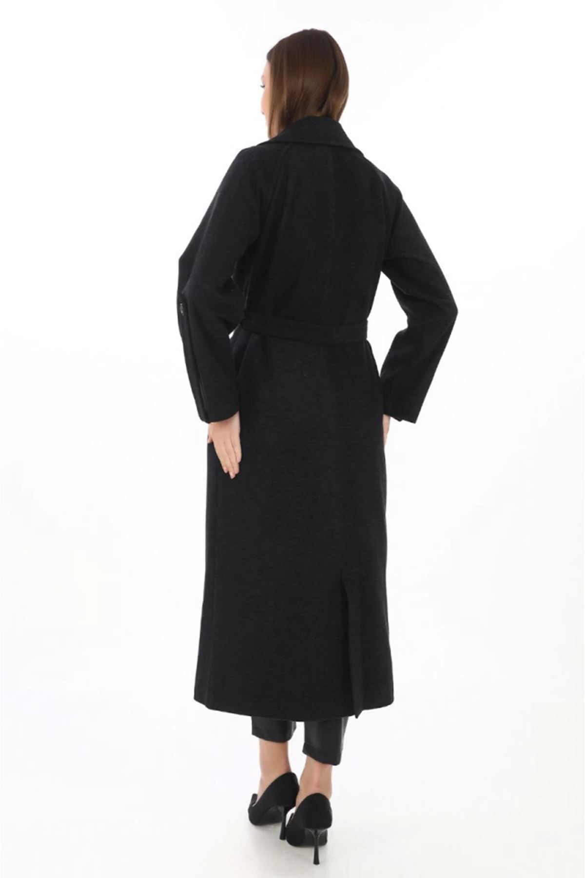 Kolu Apoletli Astarlı Kaşmir Kaşe Kaban - Siyah