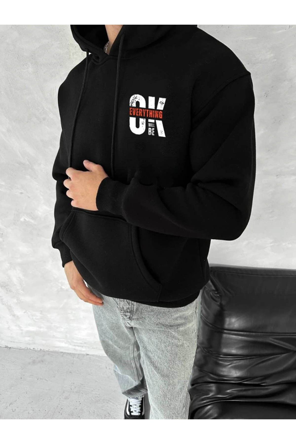 Oversize Üç İplik Kapşonlu SweatShirt - Siyah
