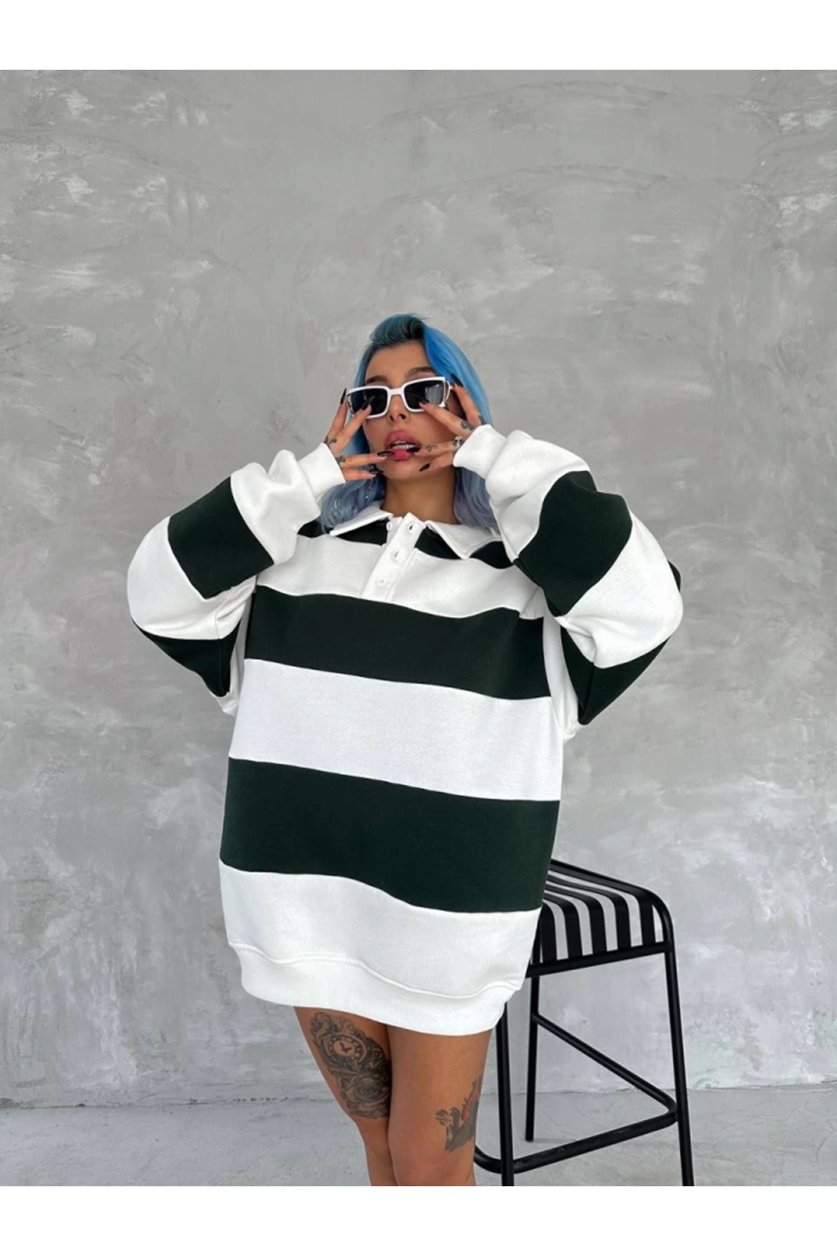 Unisex Üç İplik Parçalı Yakalı SweatShirt - Yeşil