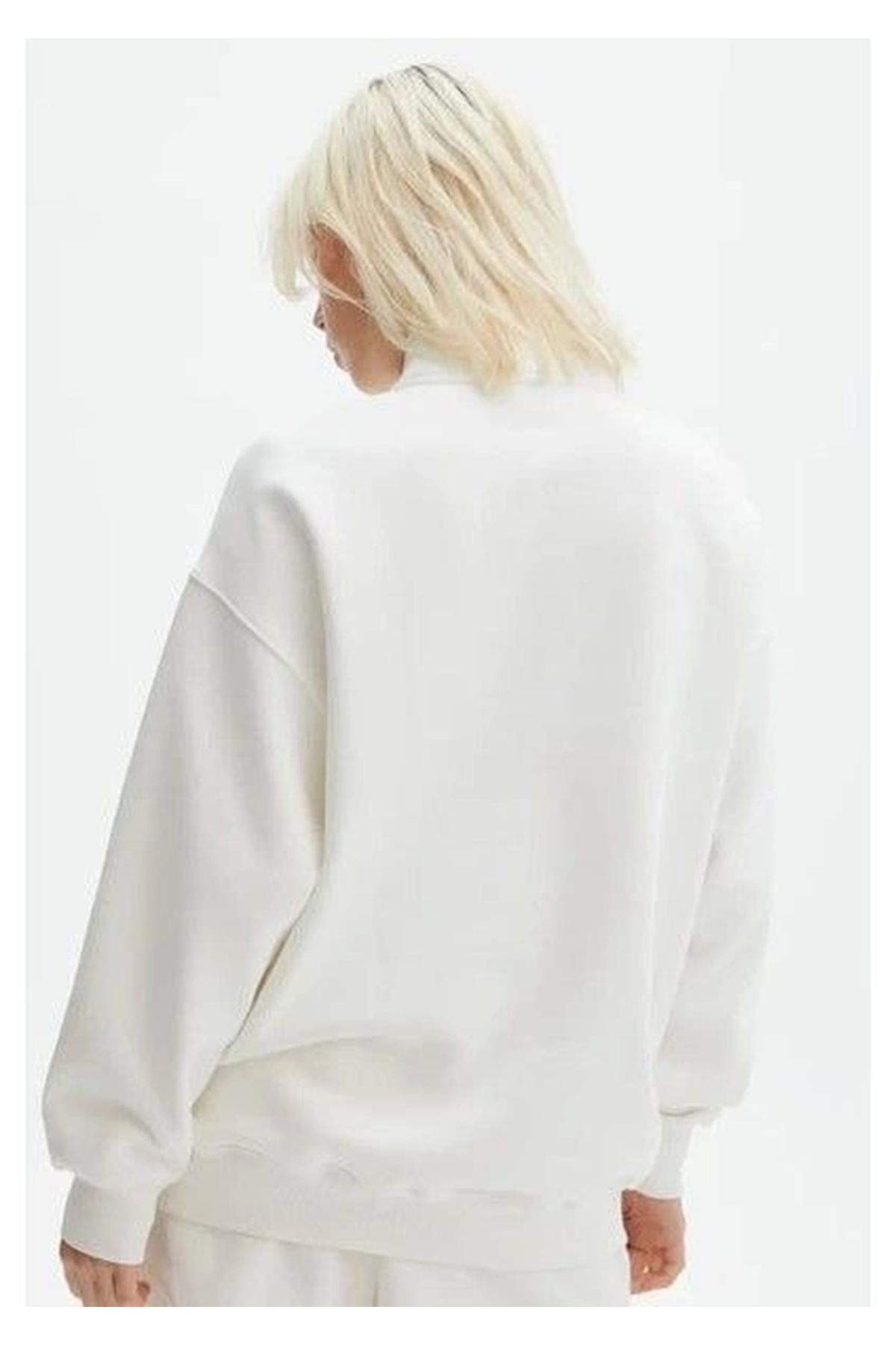 Unisex Uzun Kol Yarım Farmuarlı Yakalı Basic SweatShirt - Beyaz