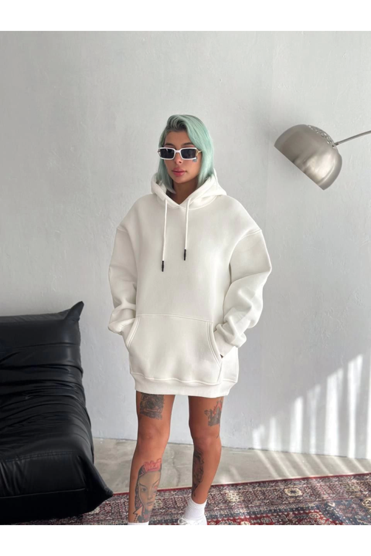 Kapşonlu Üç İplik Penye Basic SweatShirt - Beyaz