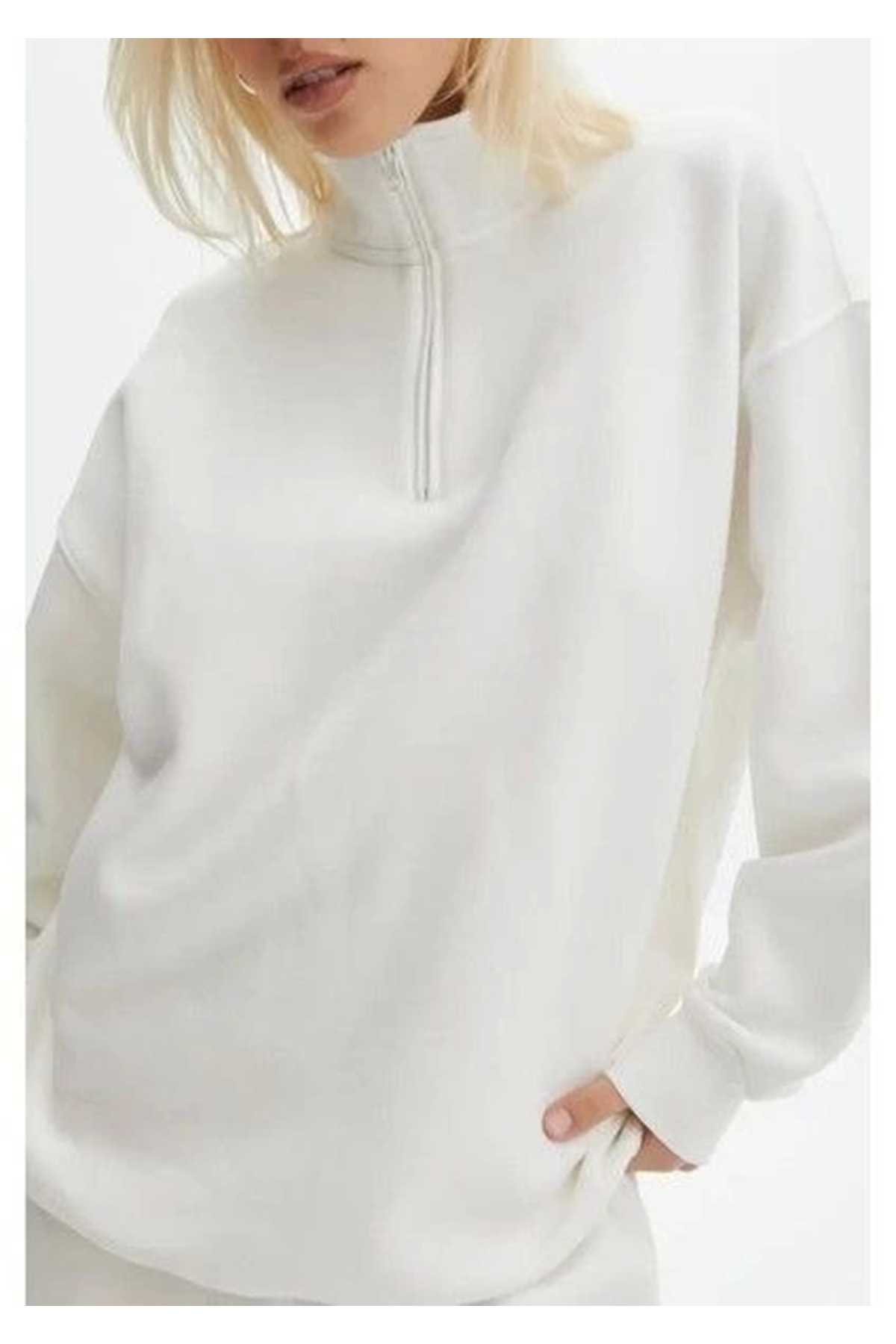 Unisex Uzun Kol Yarım Farmuarlı Yakalı Basic SweatShirt - Beyaz