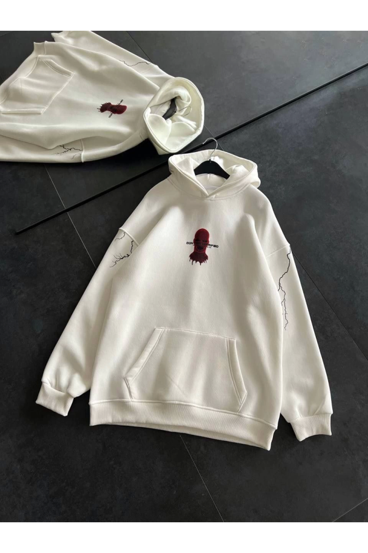 Üç İplik Kapşonlu Baskılı Oversize SweatShirt- Beyaz