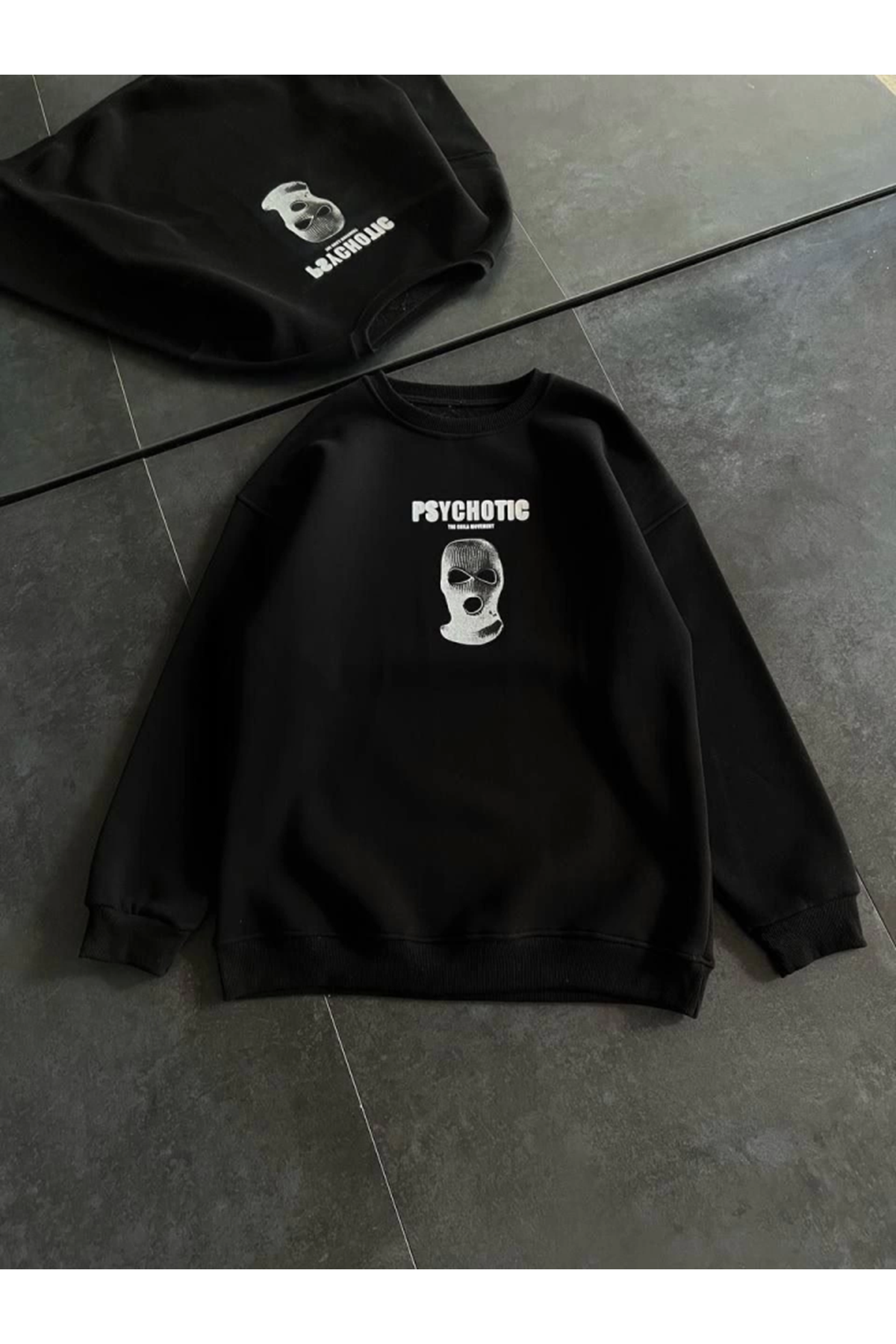 Kışlık Bisiklet Yaka Baskılı SweatShirt - Siyah