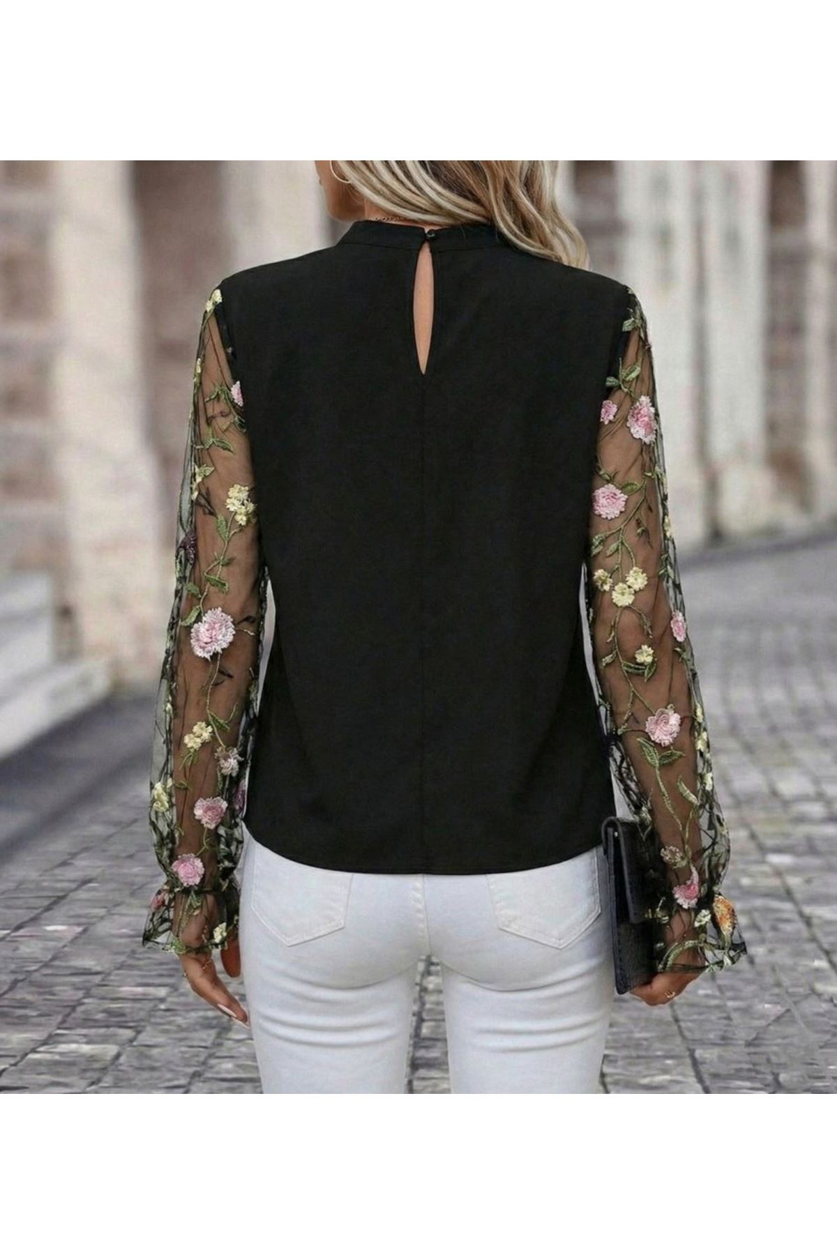 Kadın Uzun Kollu Yarı Balıkçı Yaka Tül Detaylı Ithal Krep Bluz