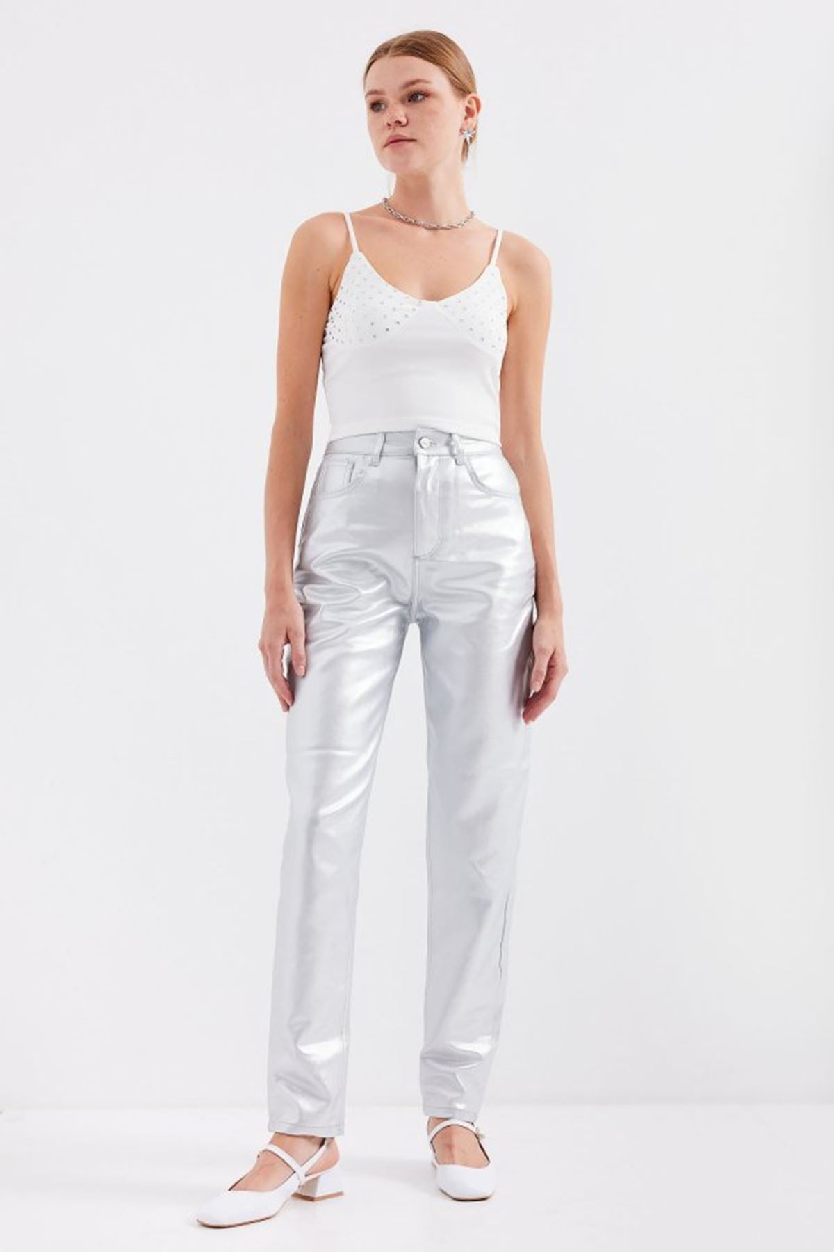 918 İp Askılı Crop Top - Beyaz