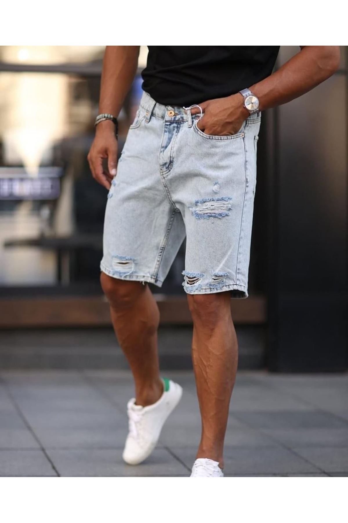 Erkek Açık Mavi Detaylı Kot Şort