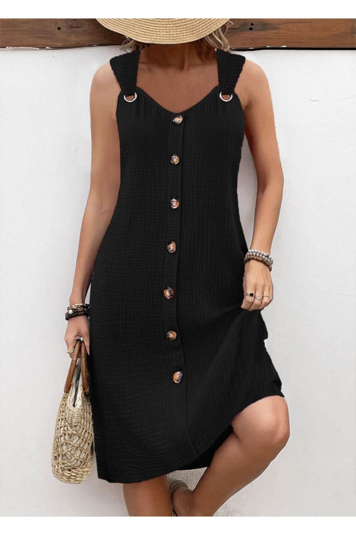 Kadın Askılı V Yakalı önden Düğmeli Narin Elbise
