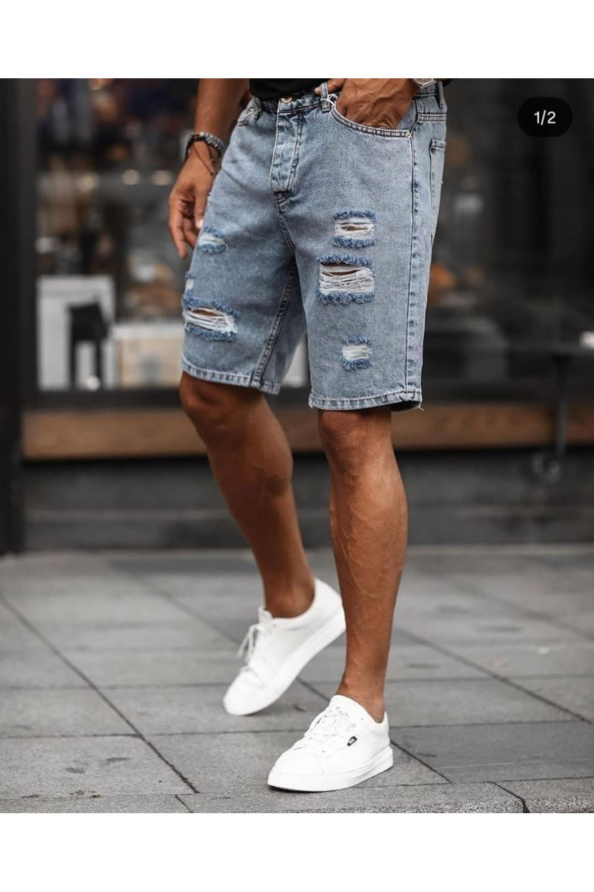 Erkek Buz Mavi Yırtık Detaylı Kot Şort