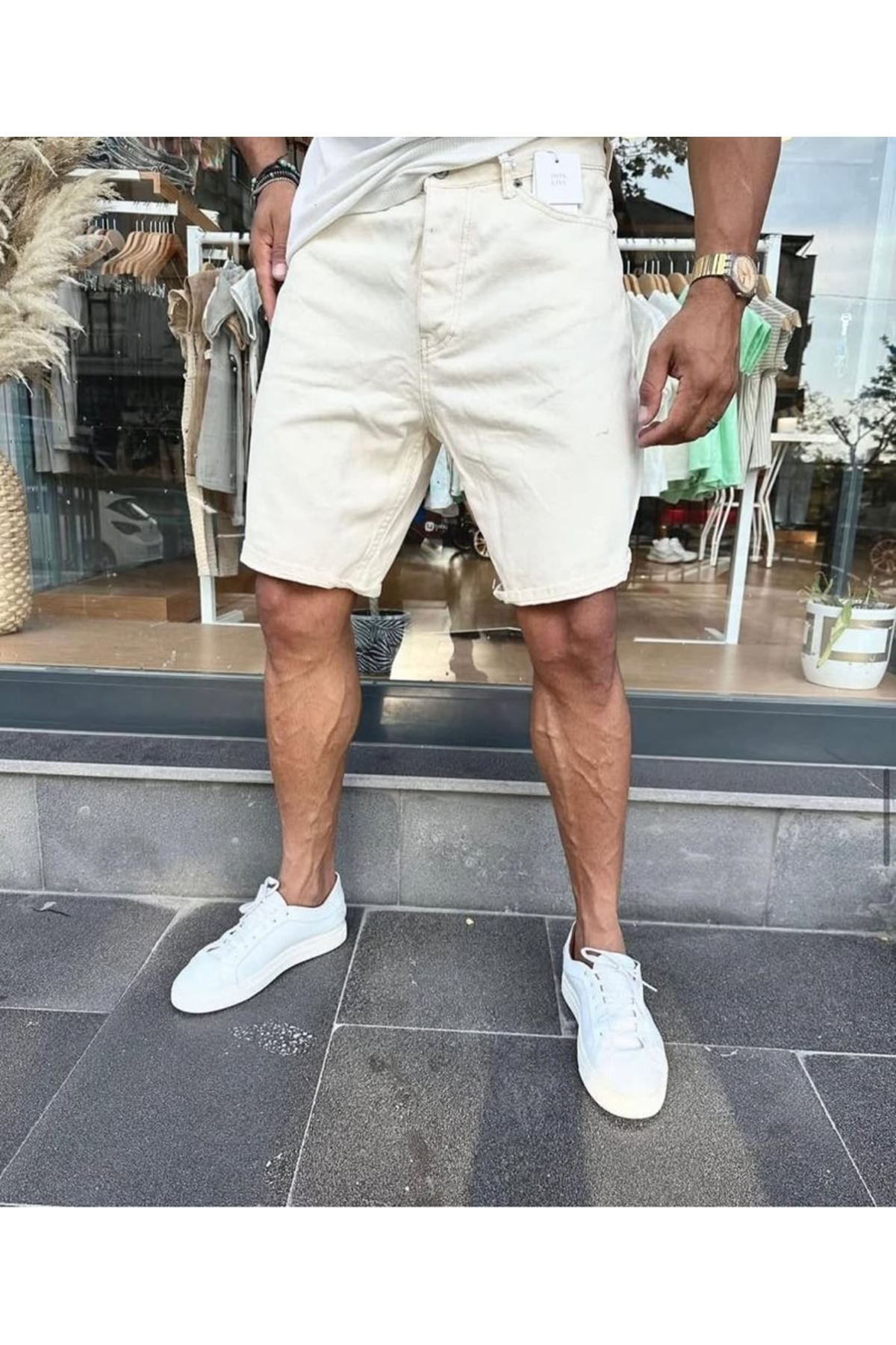 Erkek Beyaz Mom Kalıp Kot Şort