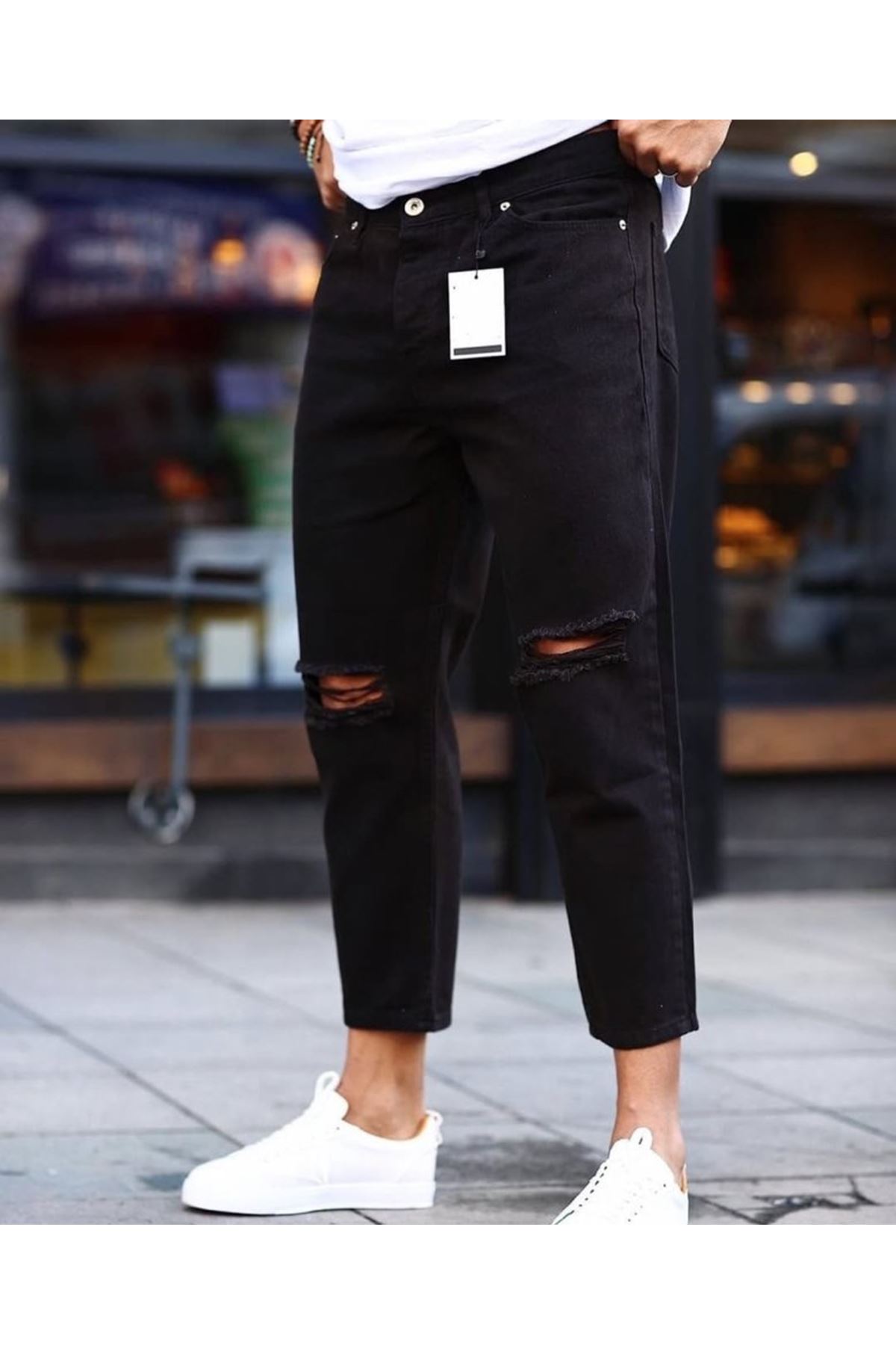 Erkek Siyah Dizi Yırtık Boyfriend Jean