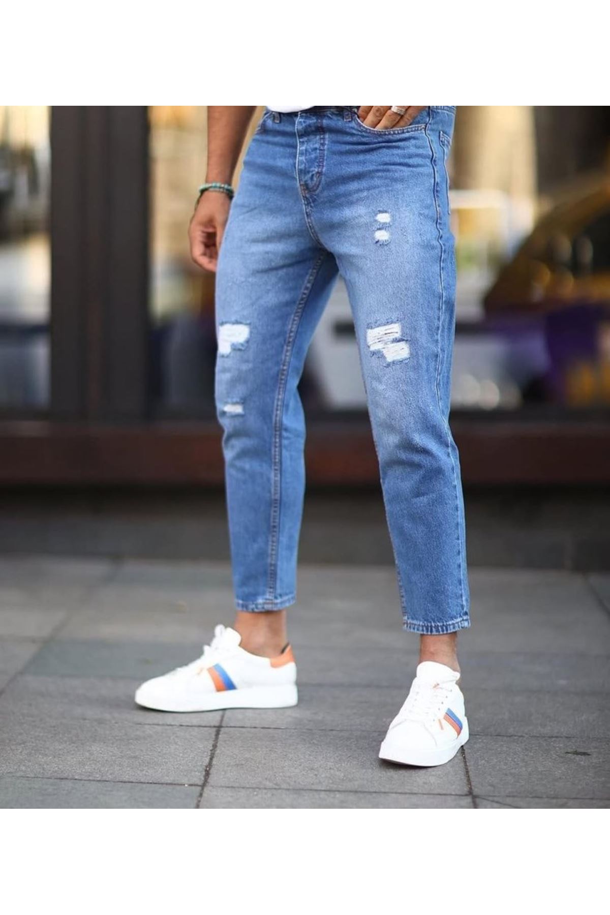 Erkek Mavi Yırtık Detaylı Boyfriend Jean