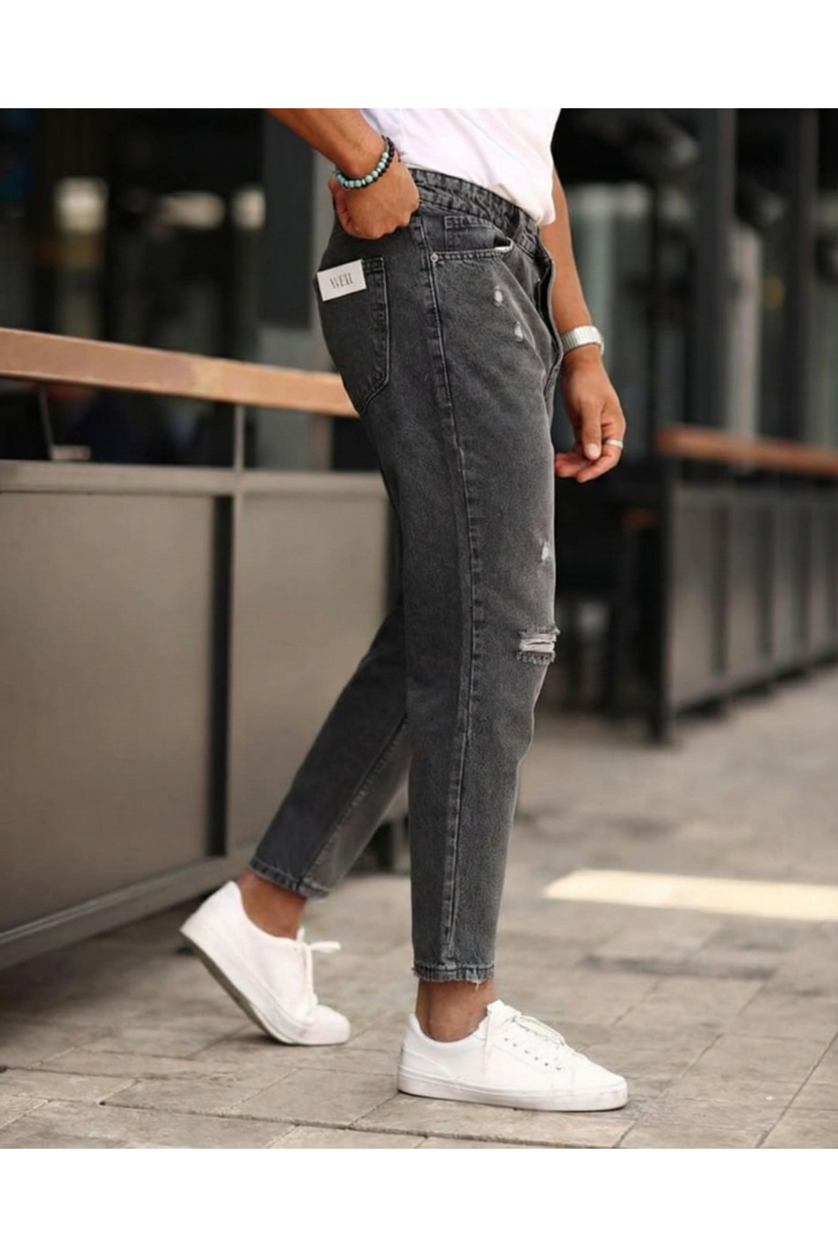 Erkek Koyu Gri Yırtık Detaylı Boyfriend Jean