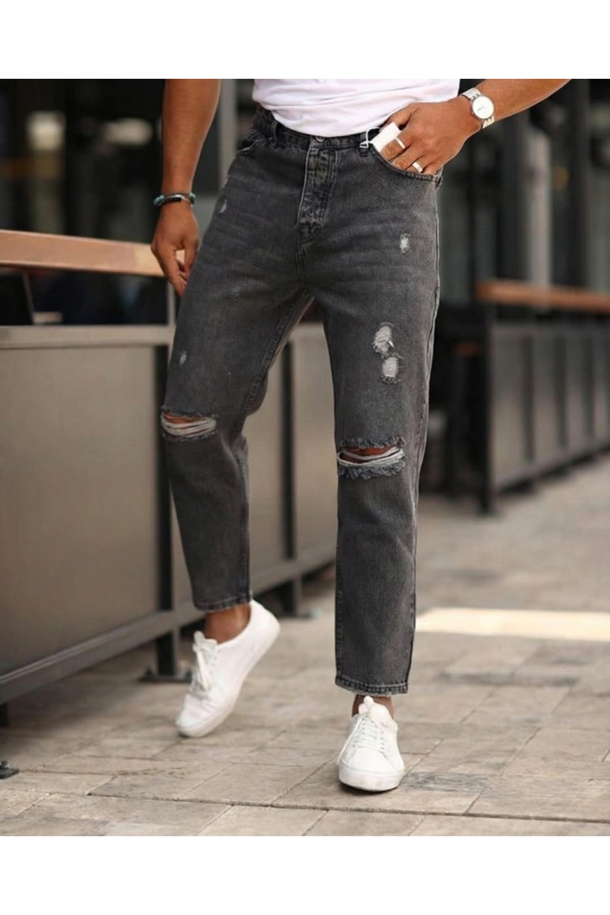 Erkek Koyu Gri Yırtık Detaylı Boyfriend Jean