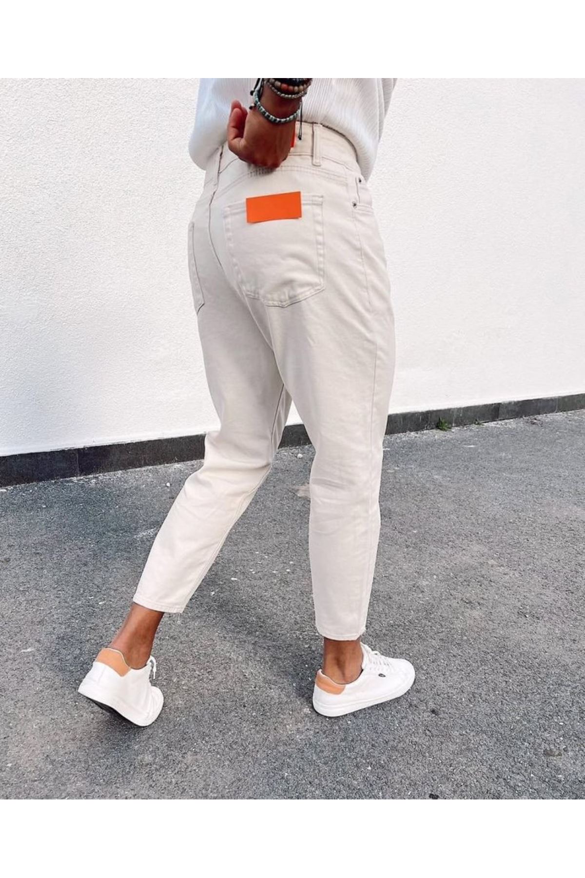 Erkek Açık Krem Yırtık Detaylı Boyfriend Jean