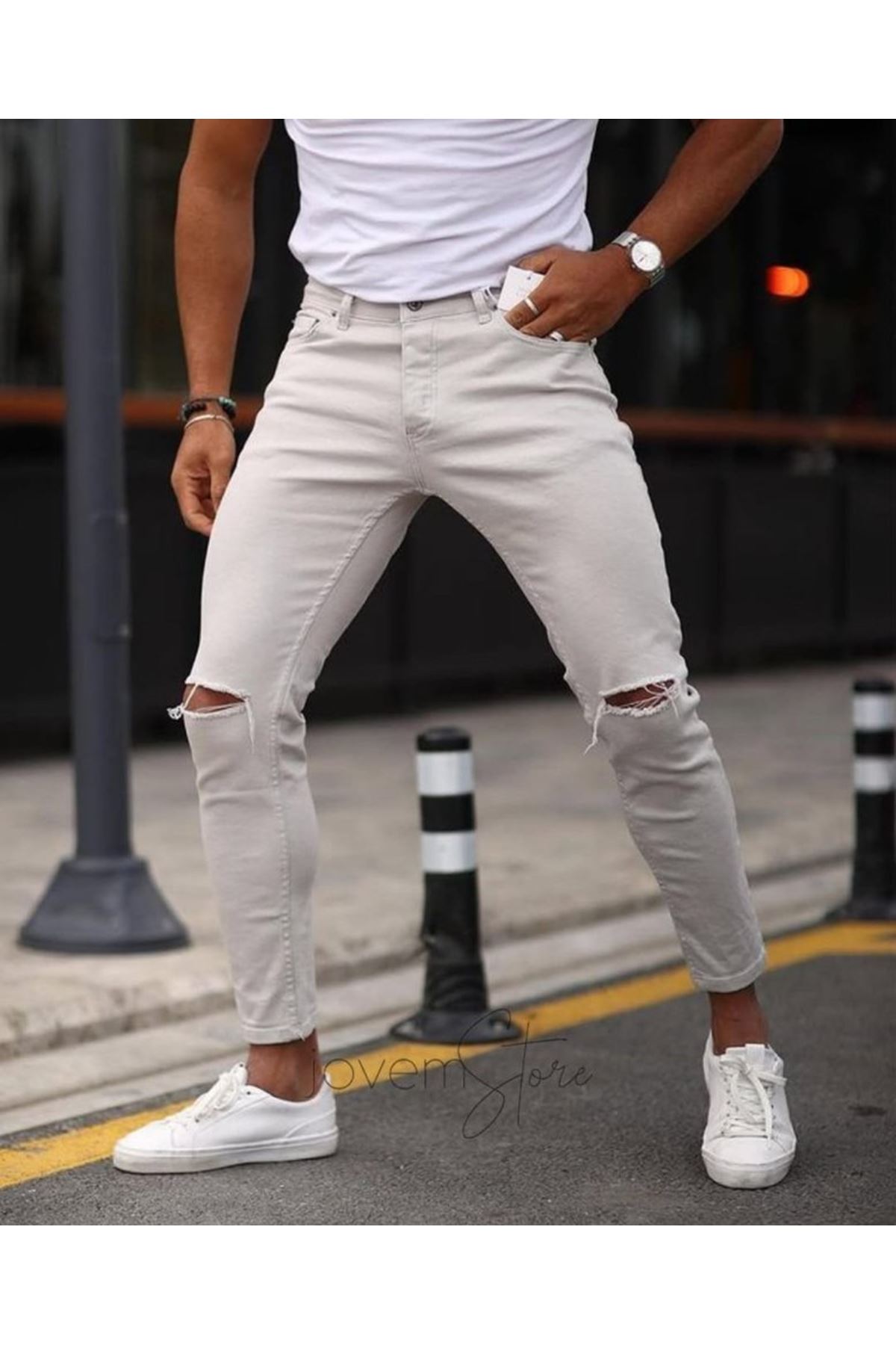 Erkek Taş Yırtık Detaylı Skinny Jean