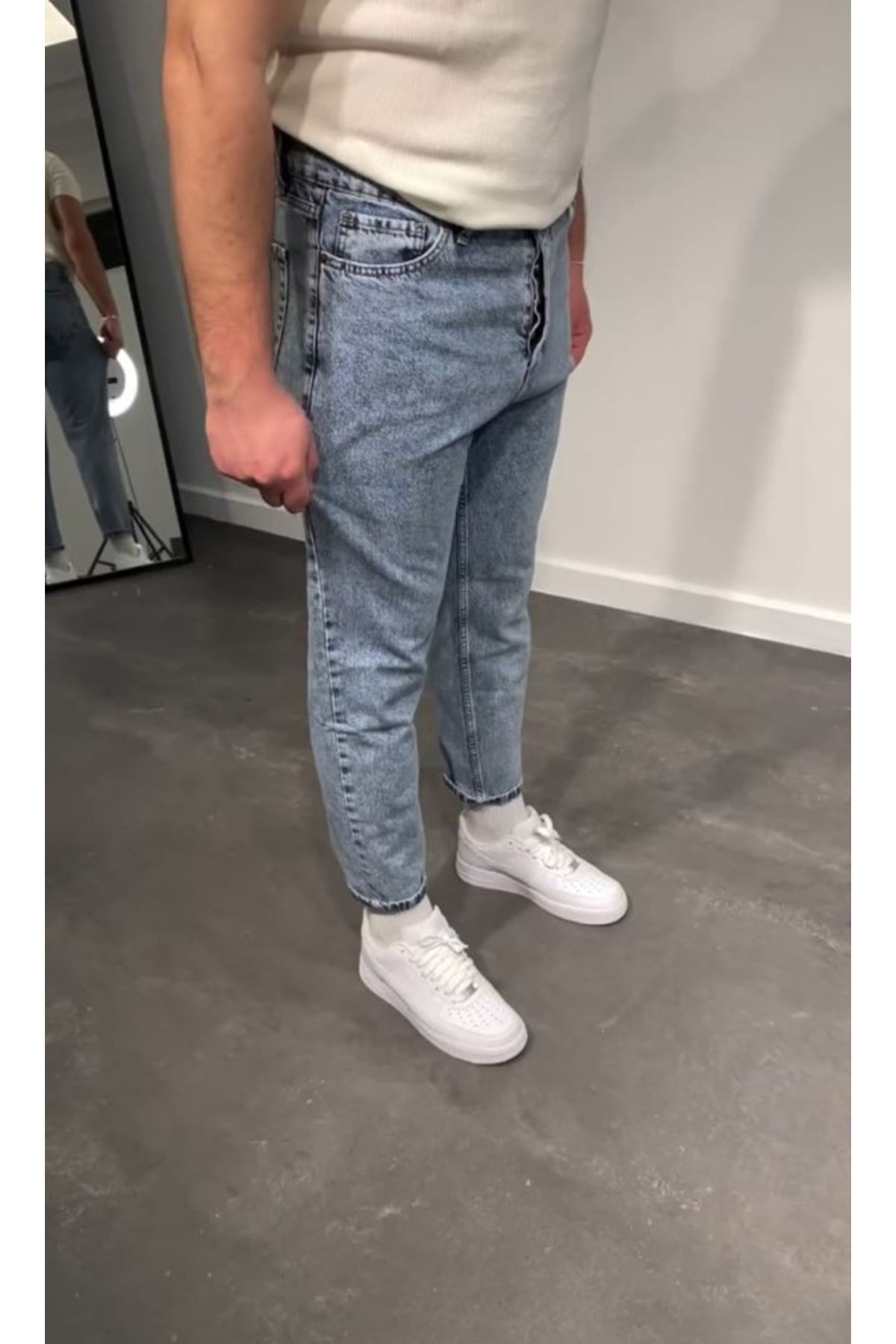 Erkek Kar Yıkamalı Buz Mavi Mom Jean