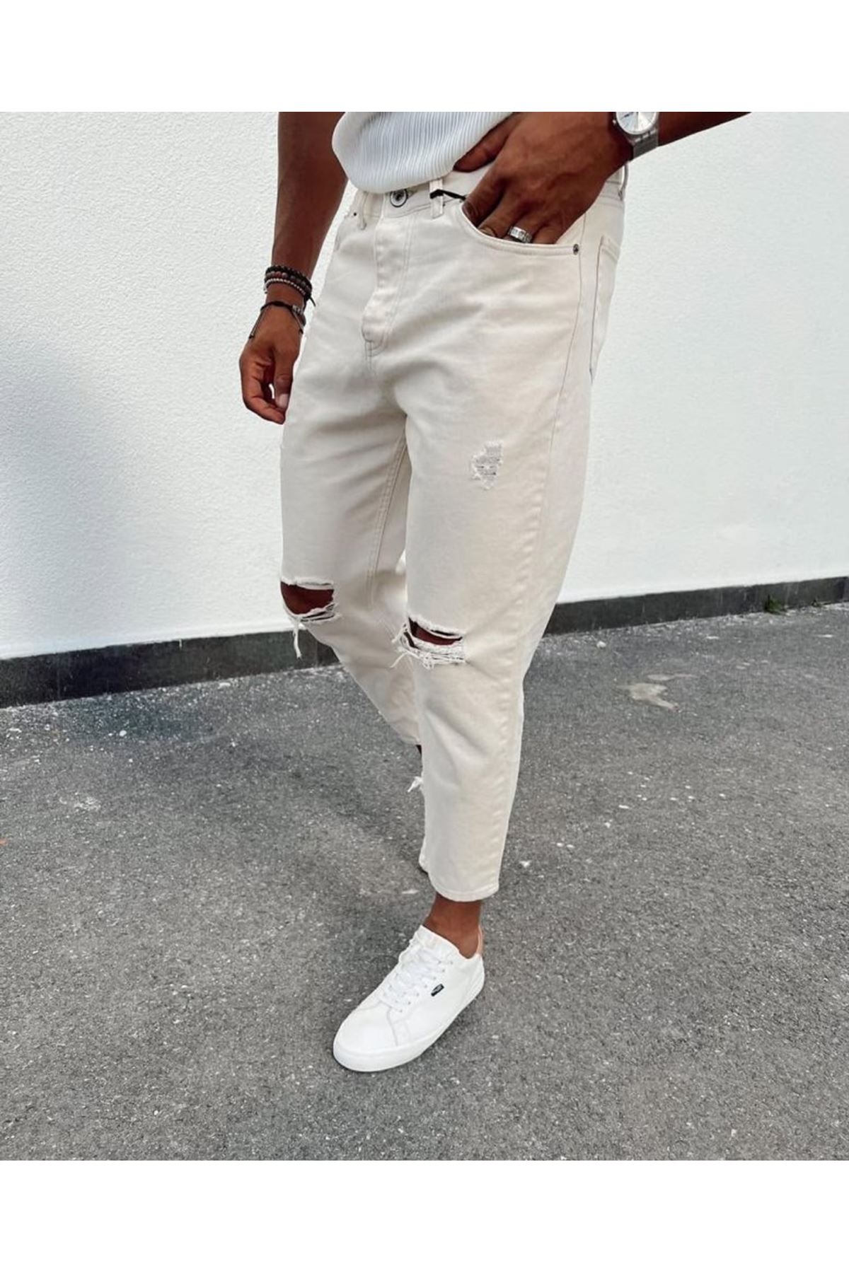 Erkek Açık Krem Yırtık Detaylı Boyfriend Jean